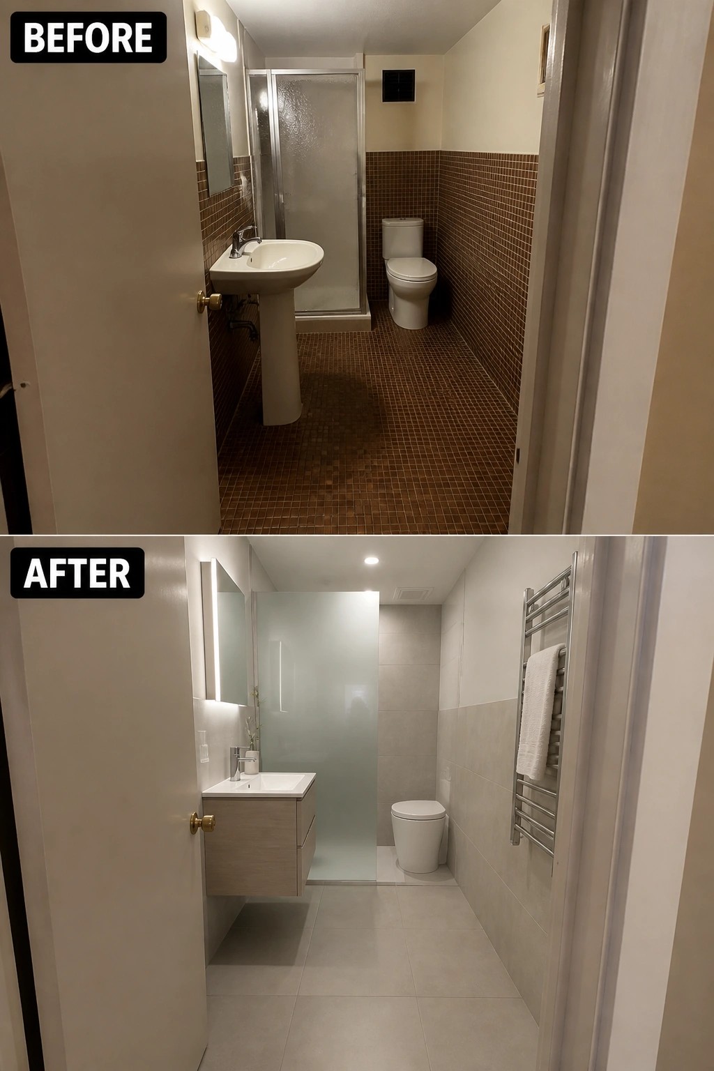 Before and after narrow bathroom remodel with brown mosaic to light tiles.