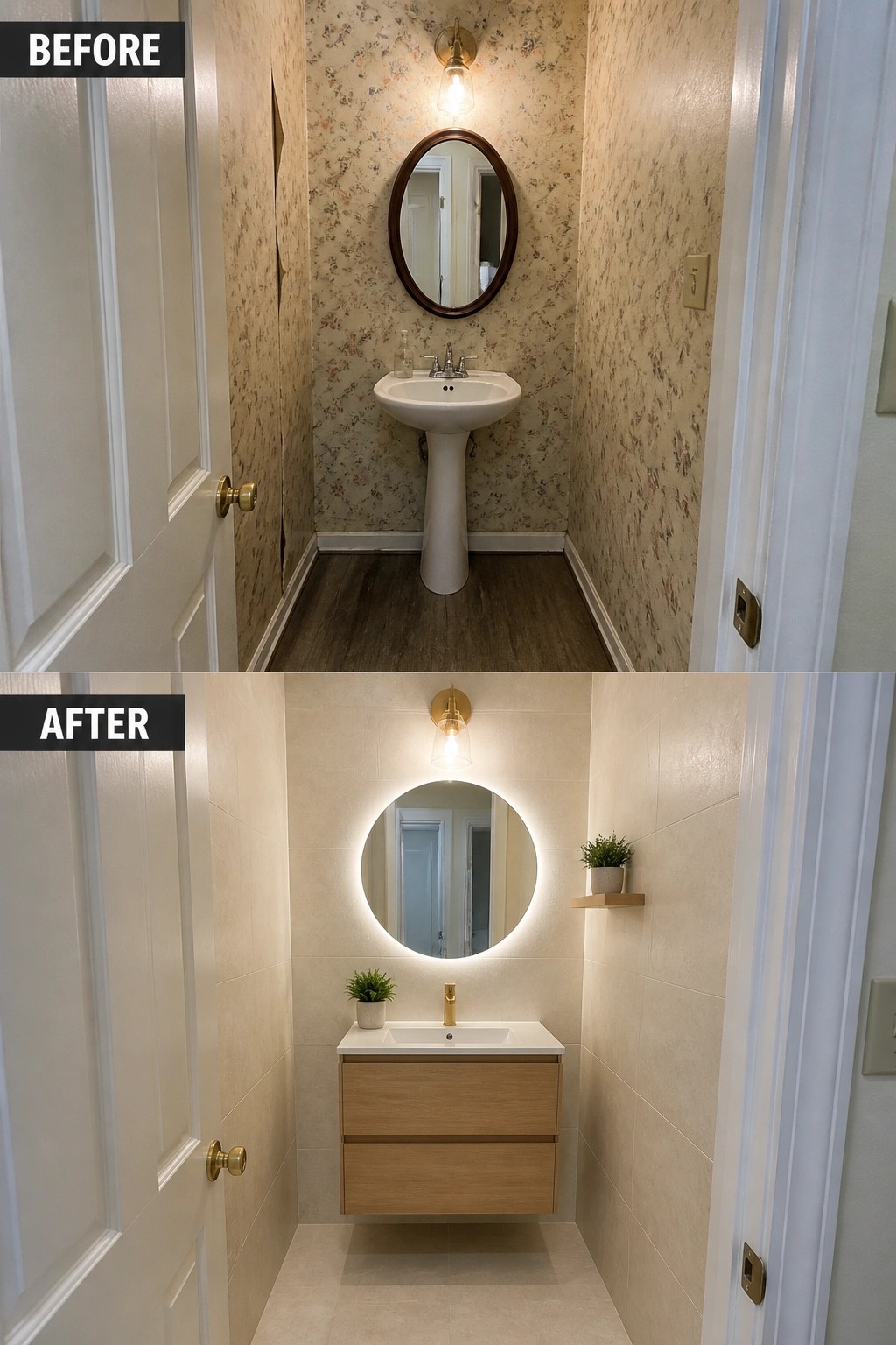 Before-and-after narrow bathroom remodel: floral wallpaper to beige tile with floating vanity.