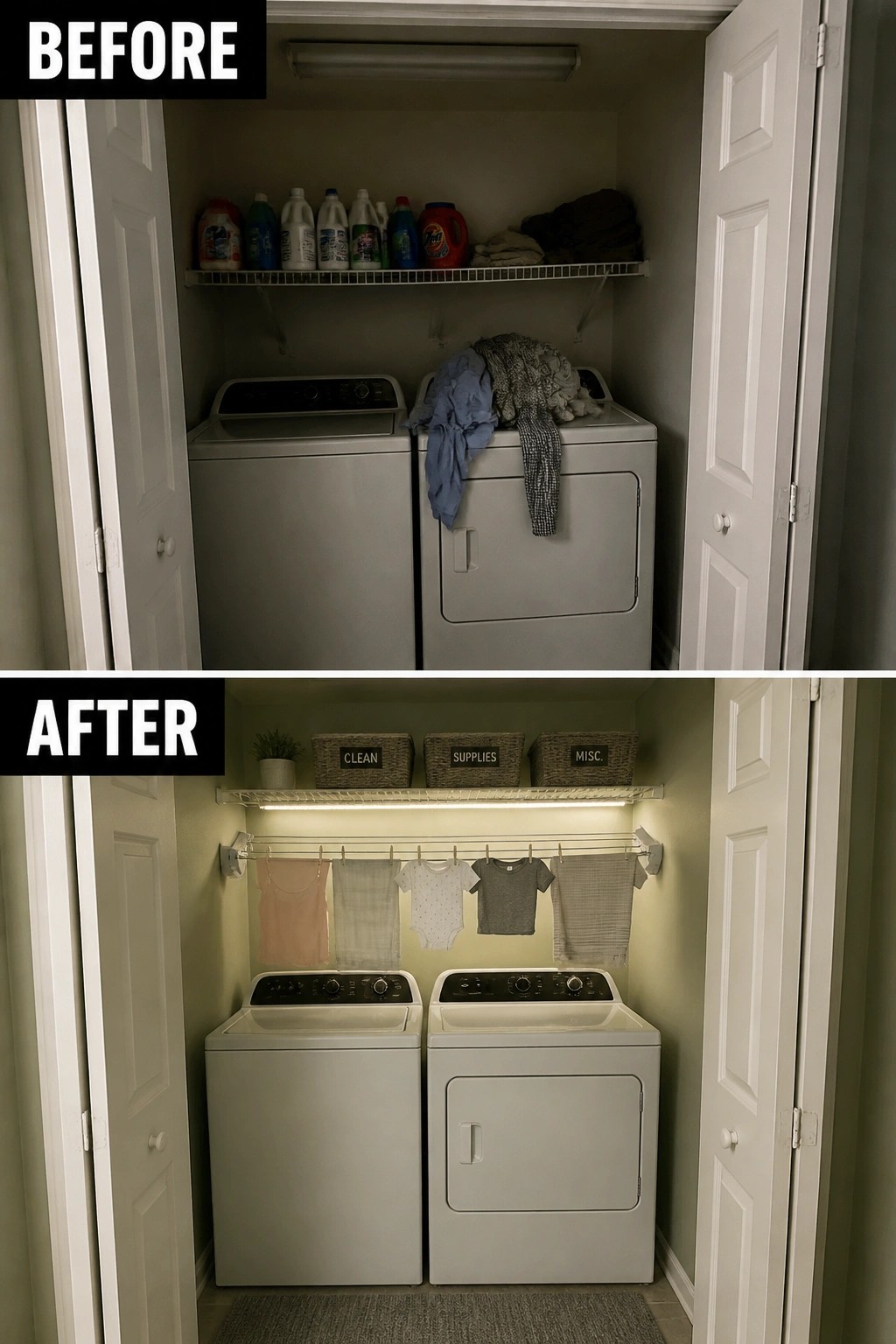 Before-and-after laundry closet makeover with organized baskets, hanging rod, and lit shelf above washer-dryer.