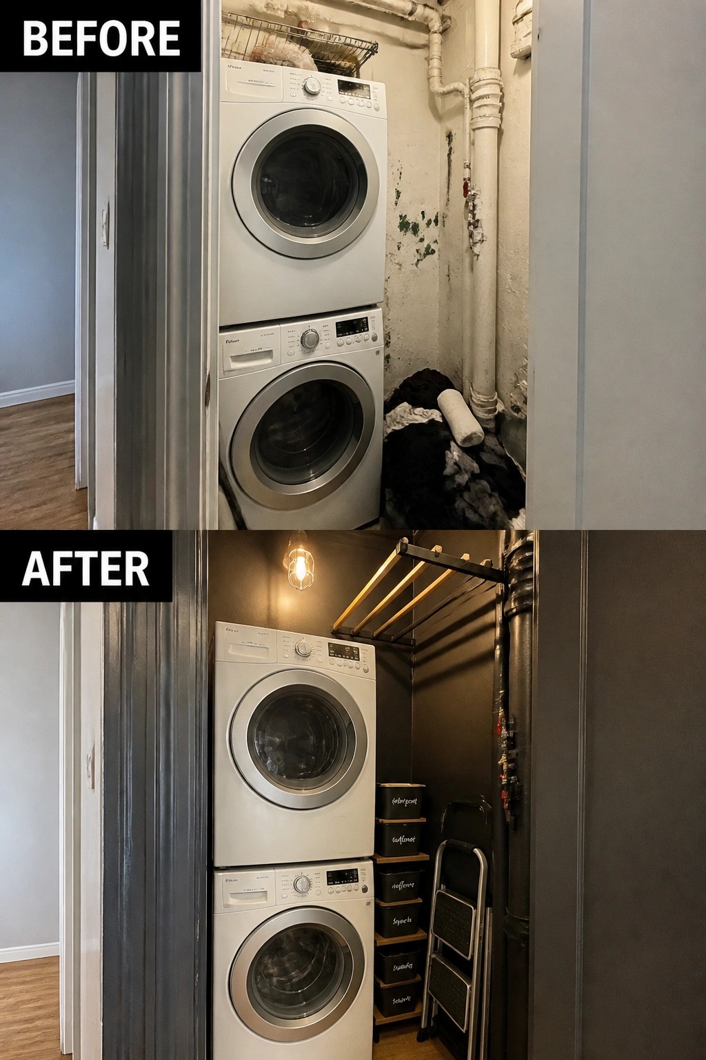 Before and after of stacked washer-dryer in cluttered vs organized laundry closet