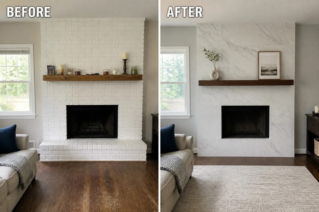 19 Striking Fireplace Makeover Ideas Featuring Full-Height Tile Before-and-after image of a white brick fireplace transformed with full-height marble tile and simplified mantel styling.
