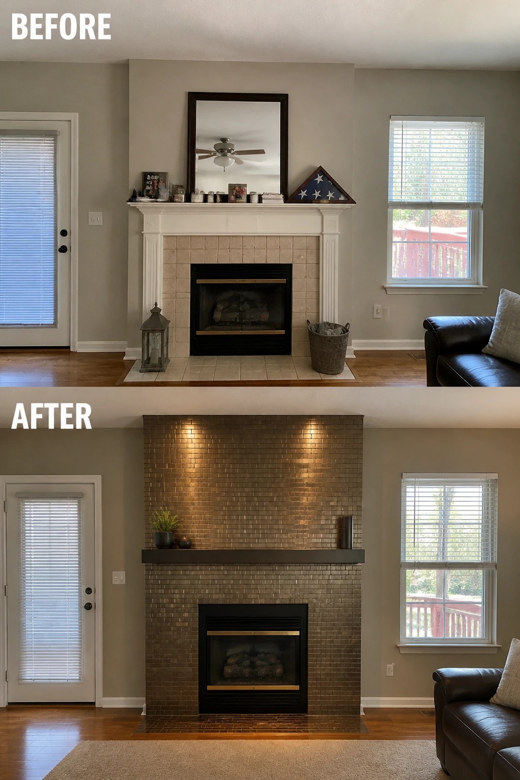 Before and after of fireplace with white mantel versus bronze metallic tile surround.