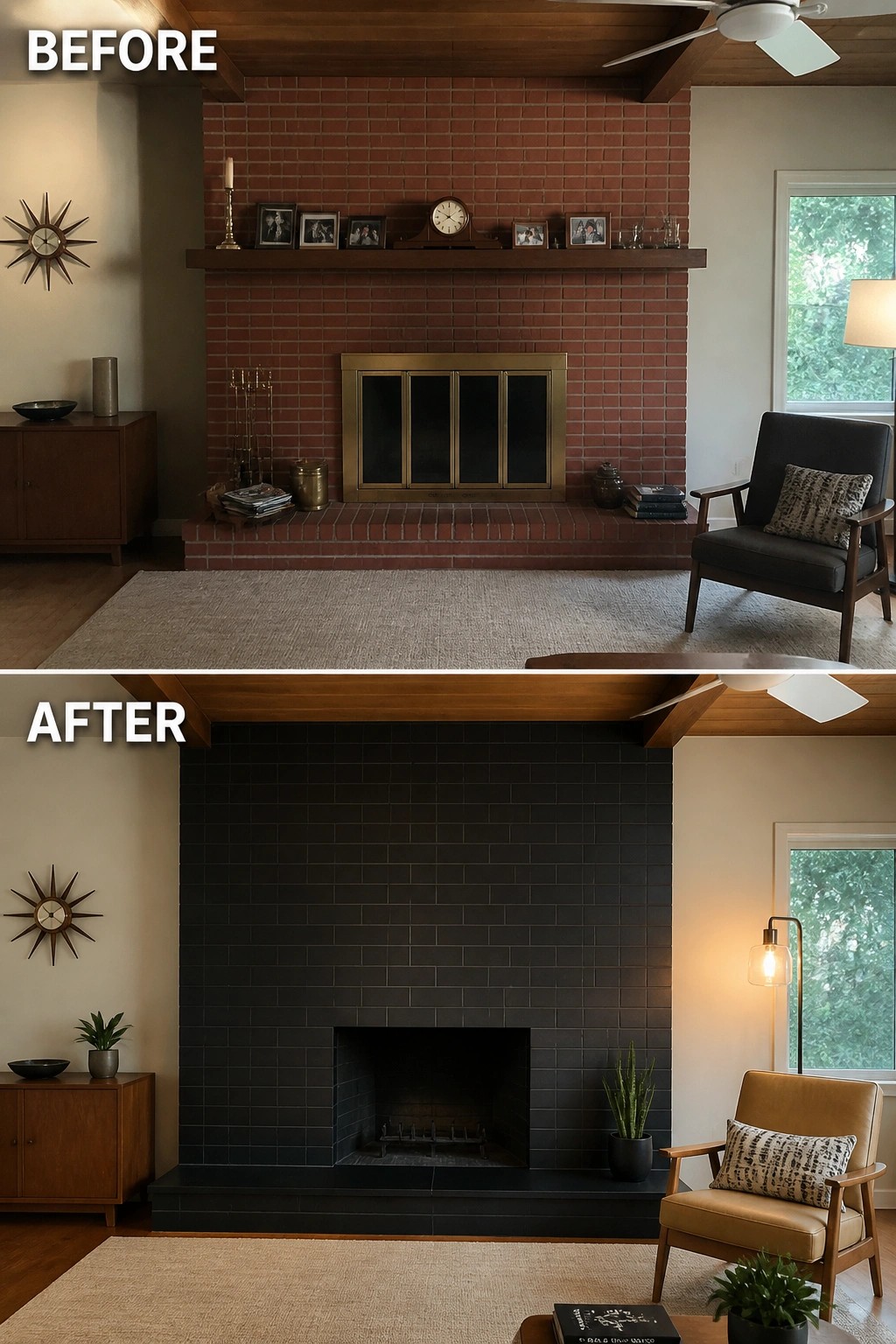 Before and after living room fireplace renovation from red brick to black tile.