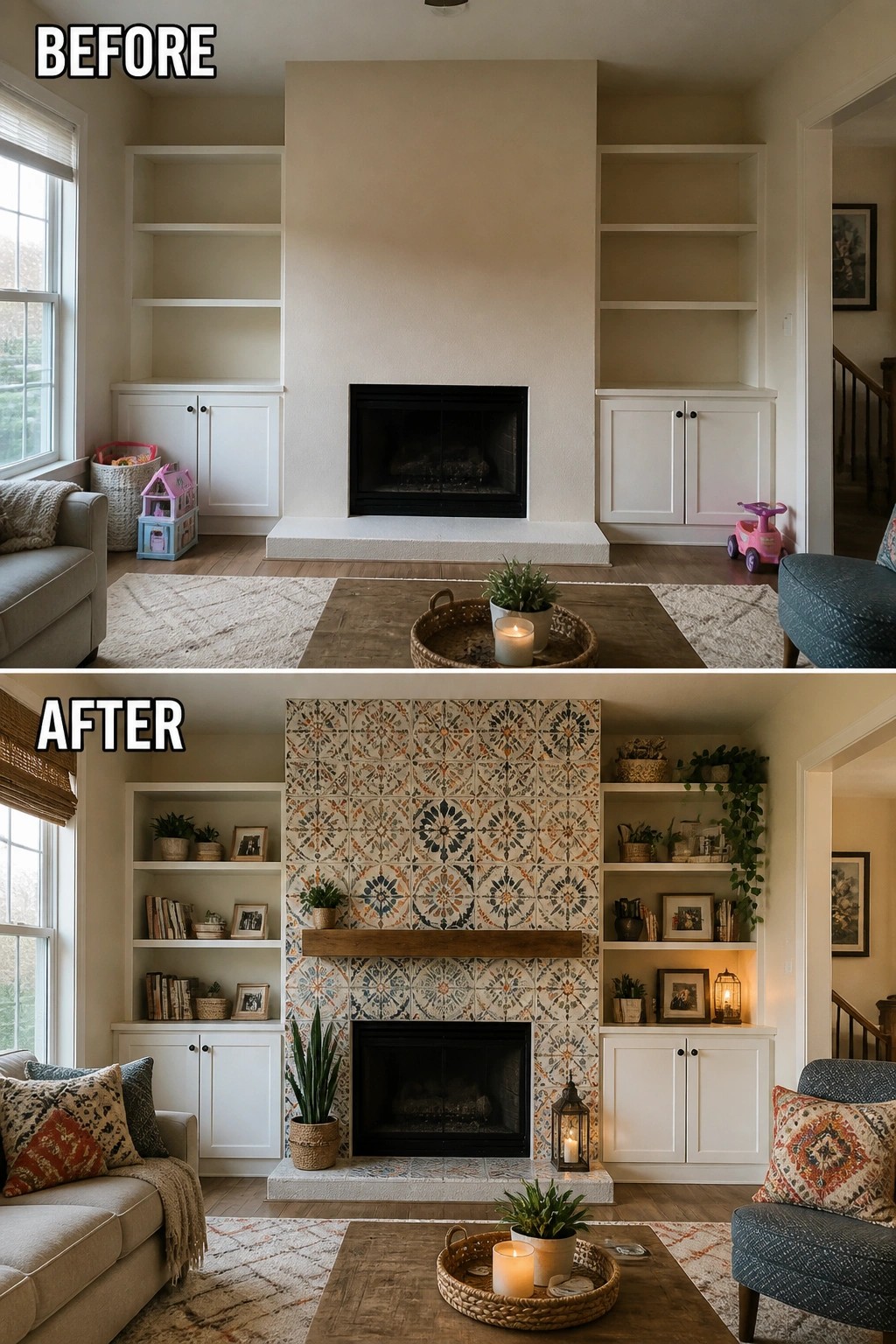 Before and after of a living room fireplace with colorful patterned tiles and shelves.