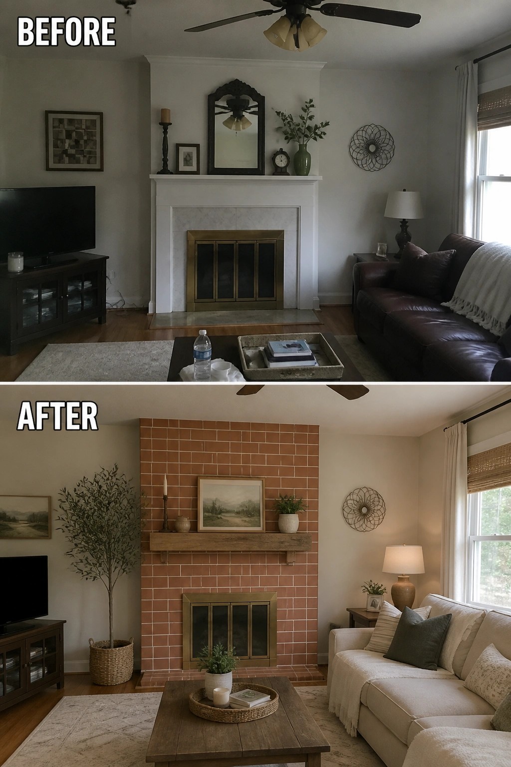 Before-after living room with white mantel above and red brick fireplace below