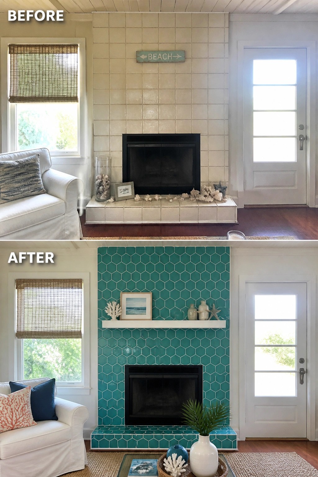 Before-and-after image of a living room fireplace wall changed from plain off-white tile to full-height teal hexagonal tile with a new white mantel shelf.