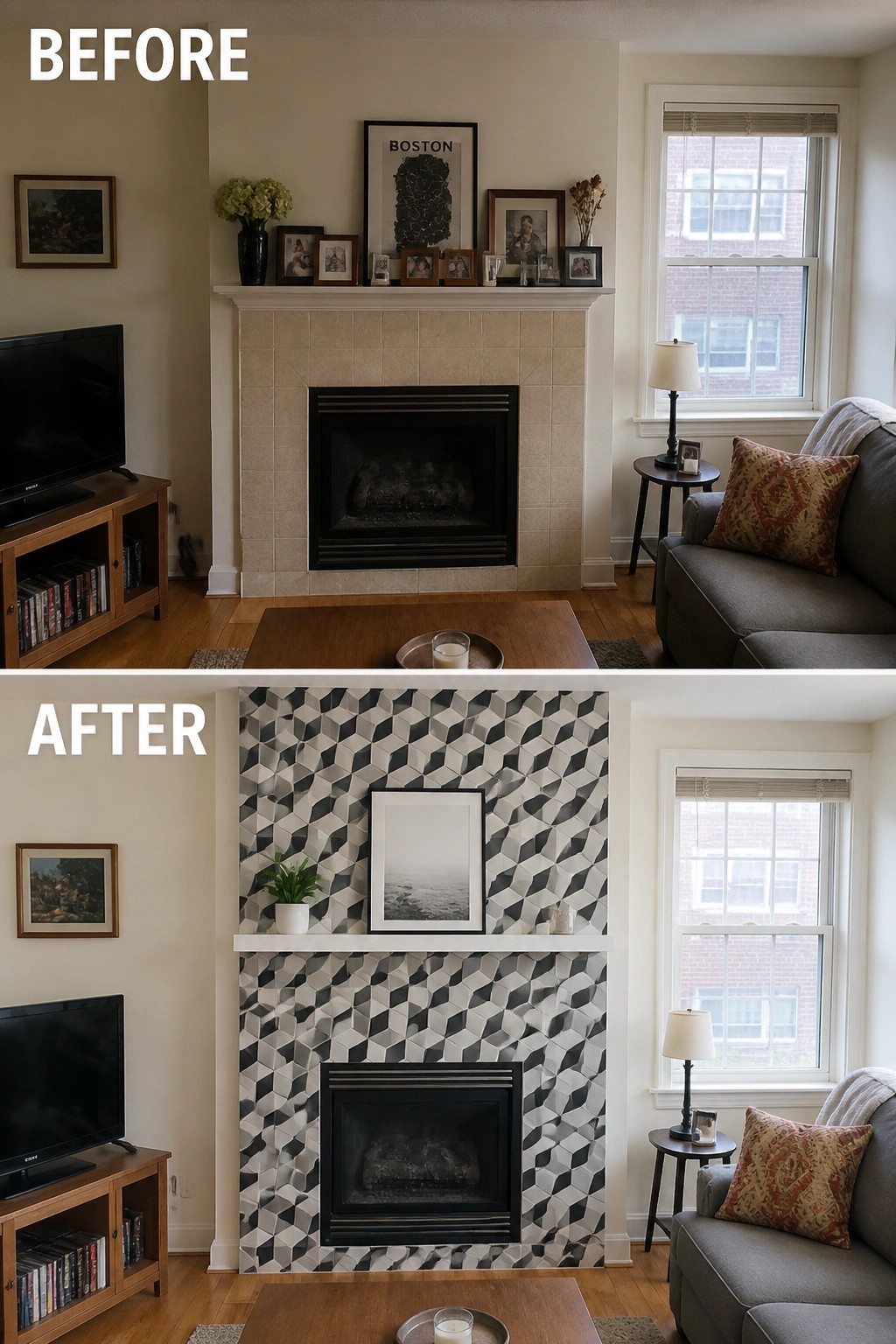 Before and after living room with fireplace updated in black-white geometric tiles.