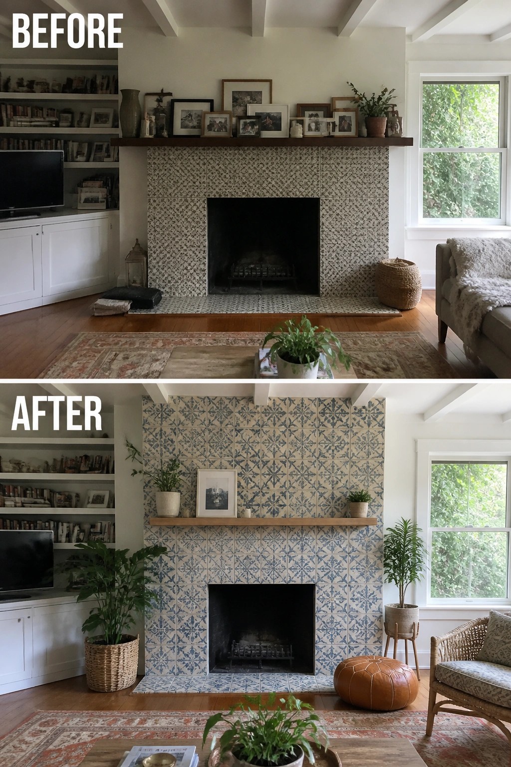 Before and after views of living room fireplace with blue patterned tiles and plants