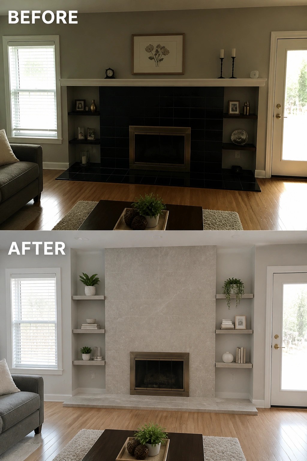Before and after of living room fireplace remodel from black tile to light stone surround