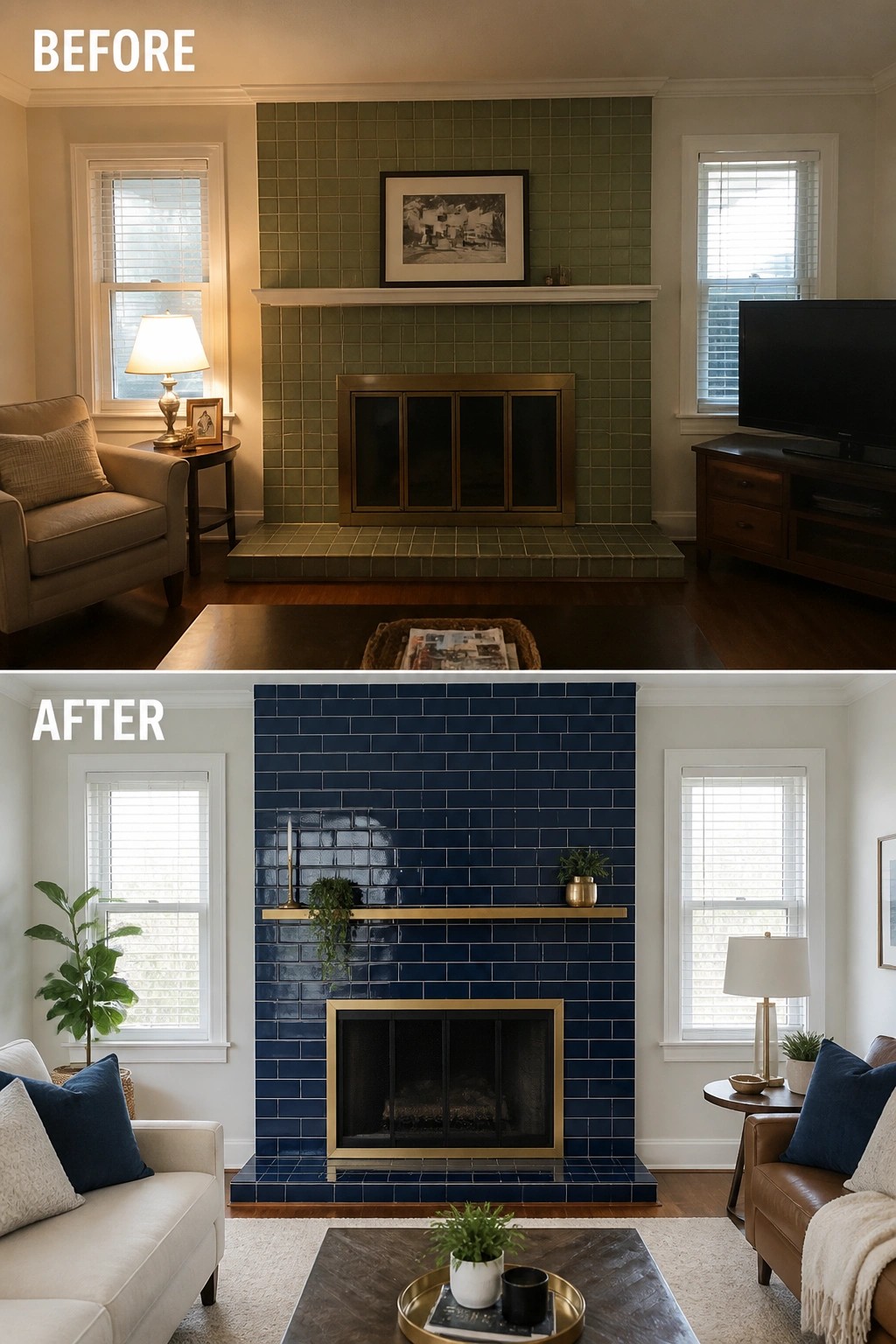 Before and after living room fireplace makeover from green to navy blue tiles