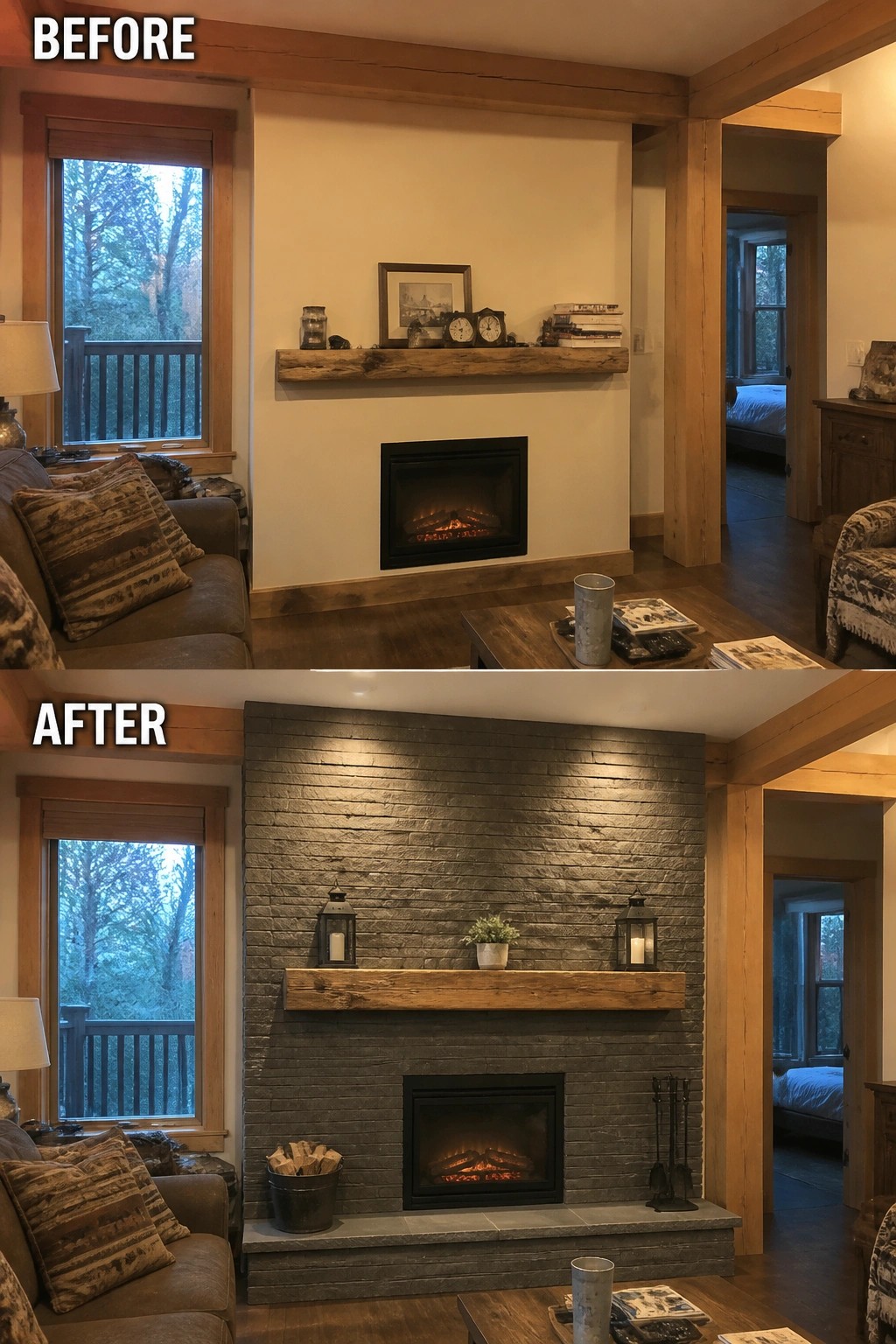 Before and after of living room fireplace with new stacked stone wall and mantel.