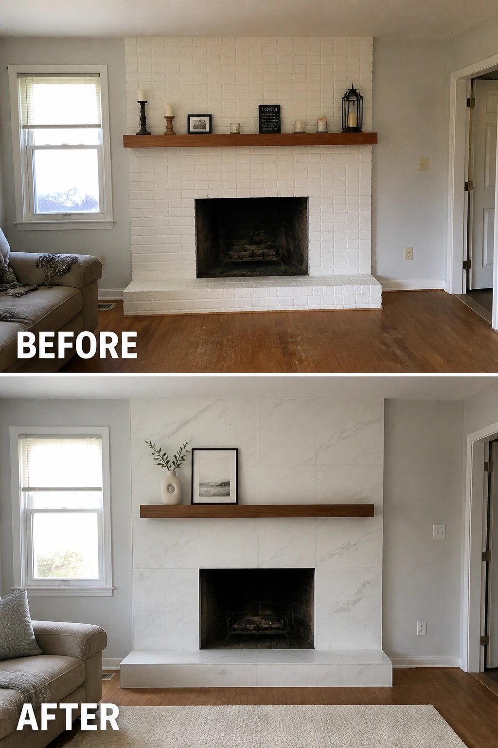 Before-and-after image of a white brick fireplace transformed with full-height marble tile and simplified mantel styling.