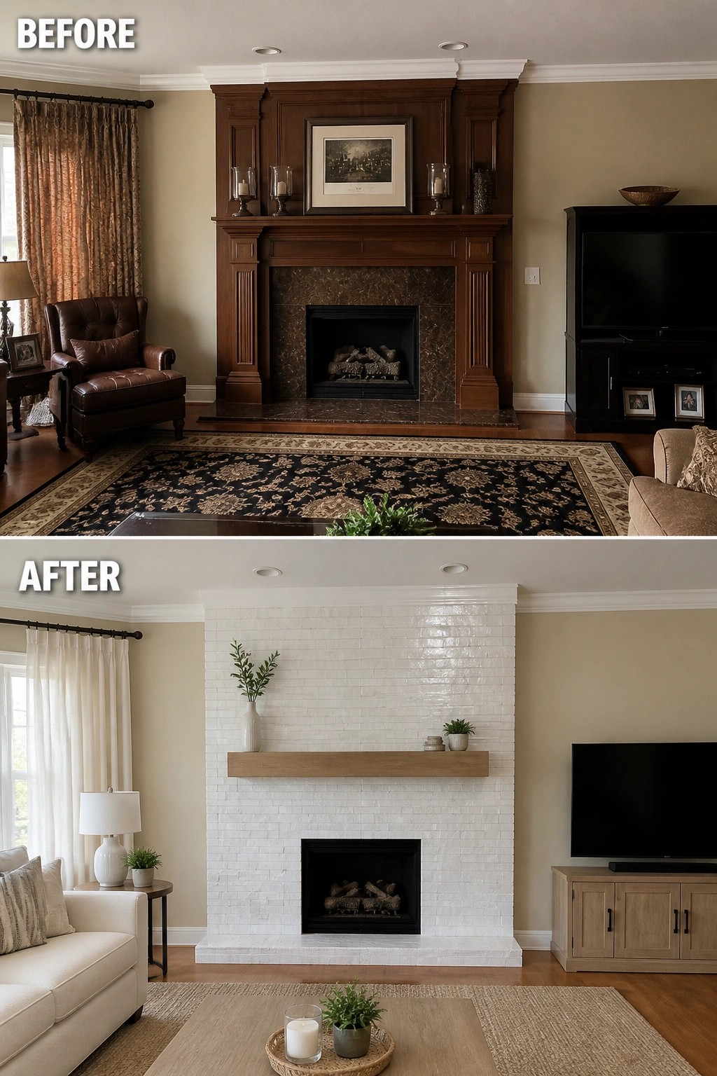 Before and after of a dark wooden fireplace remodeled into white brick with modern decor.