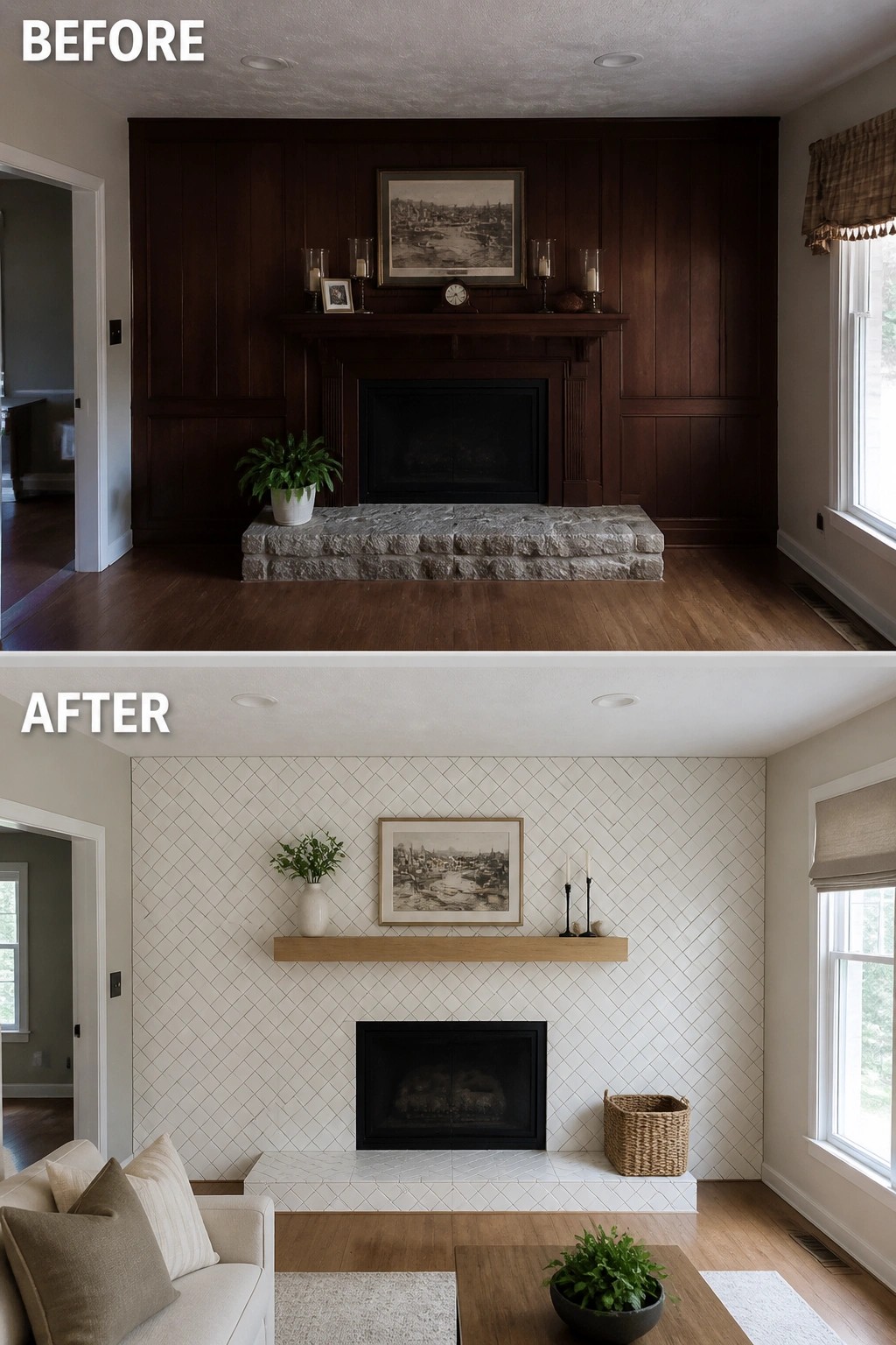 Before and after of living room fireplace from dark wood to white tile