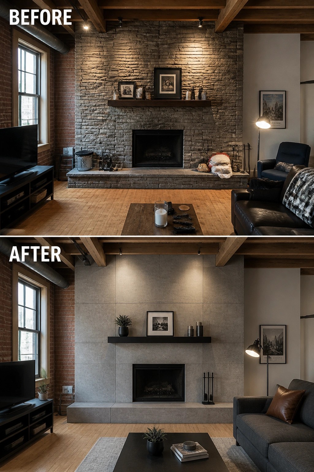 Before-and-after image of a stone fireplace wall updated with full-height gray tile and a simpler black mantel.