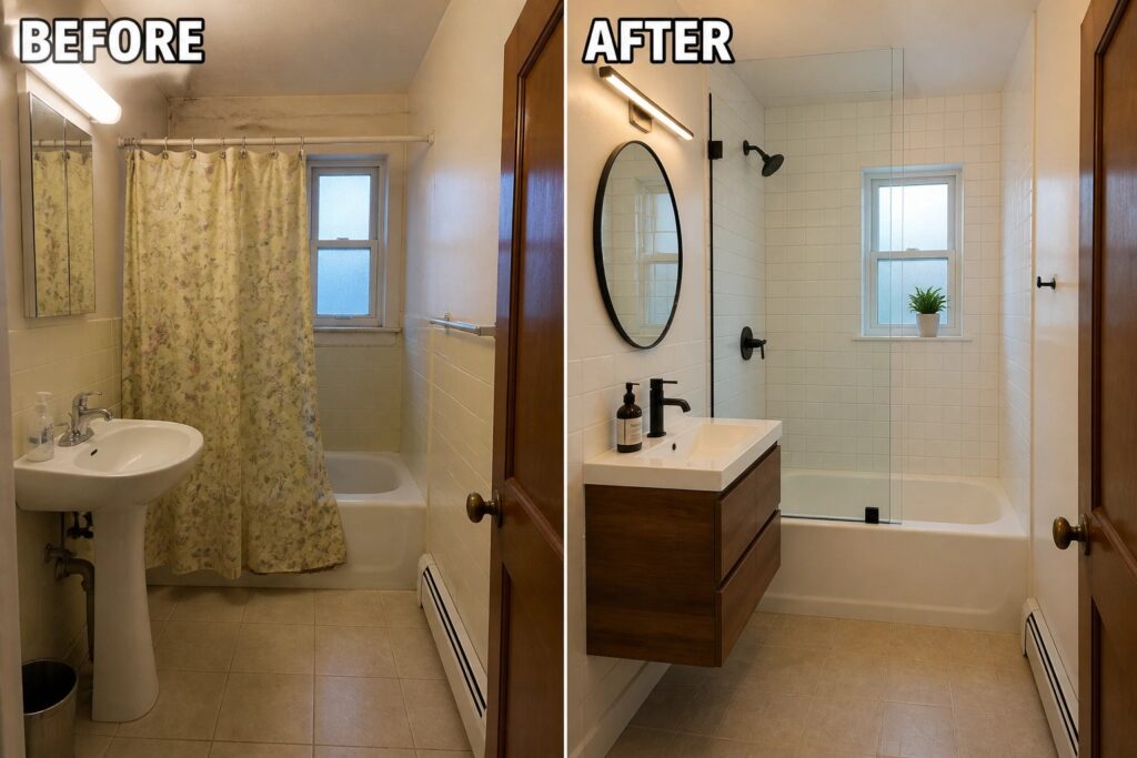 Before and after bathroom remodel with floral curtain and modern vanity