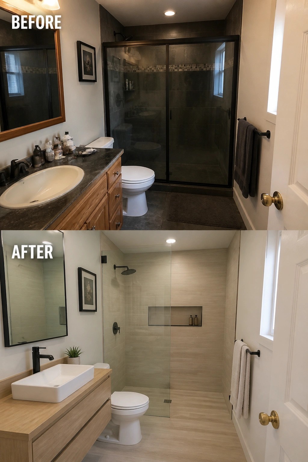 Before and after bathroom remodel with new light tiles, vanity, and shower.