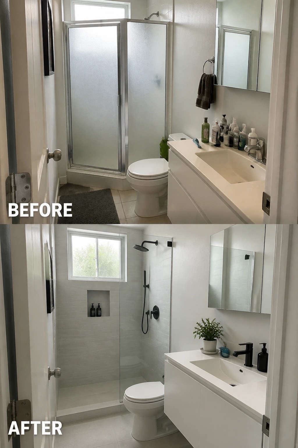 Before-and-after image of a small bathroom showing a framed frosted shower enclosure changed to a frameless glass panel with updated light gray tile.