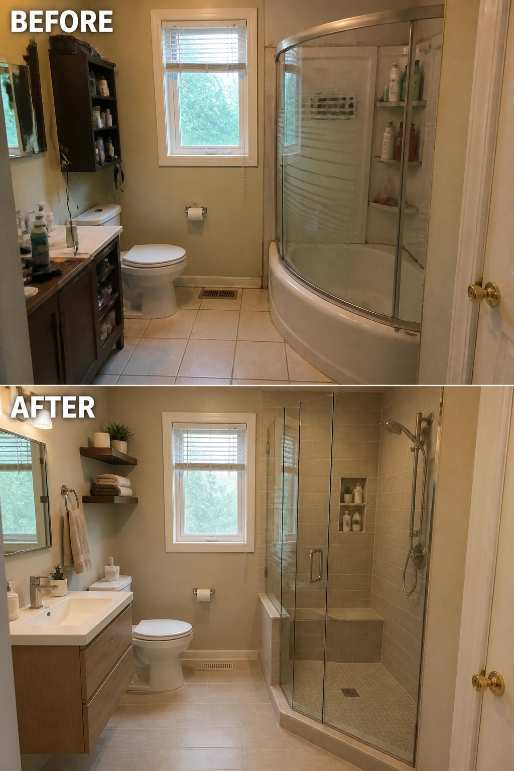 Before and after views of a bathroom remodel with modern shower and vanity