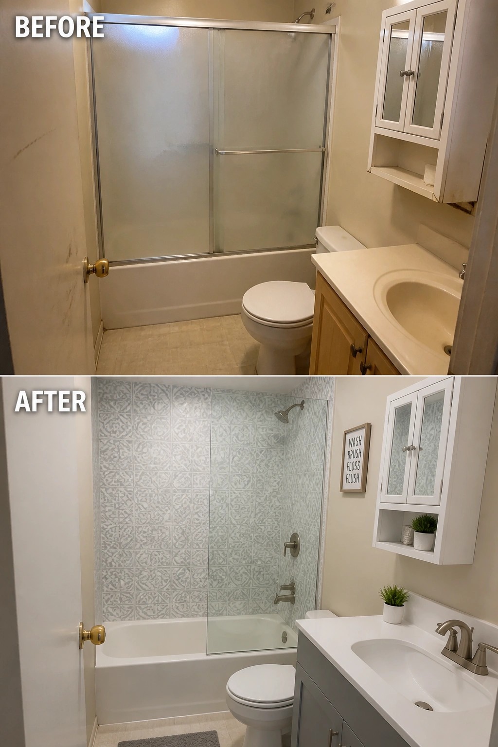 Before and after bathroom remodel with patterned tiles and updated gray vanity.