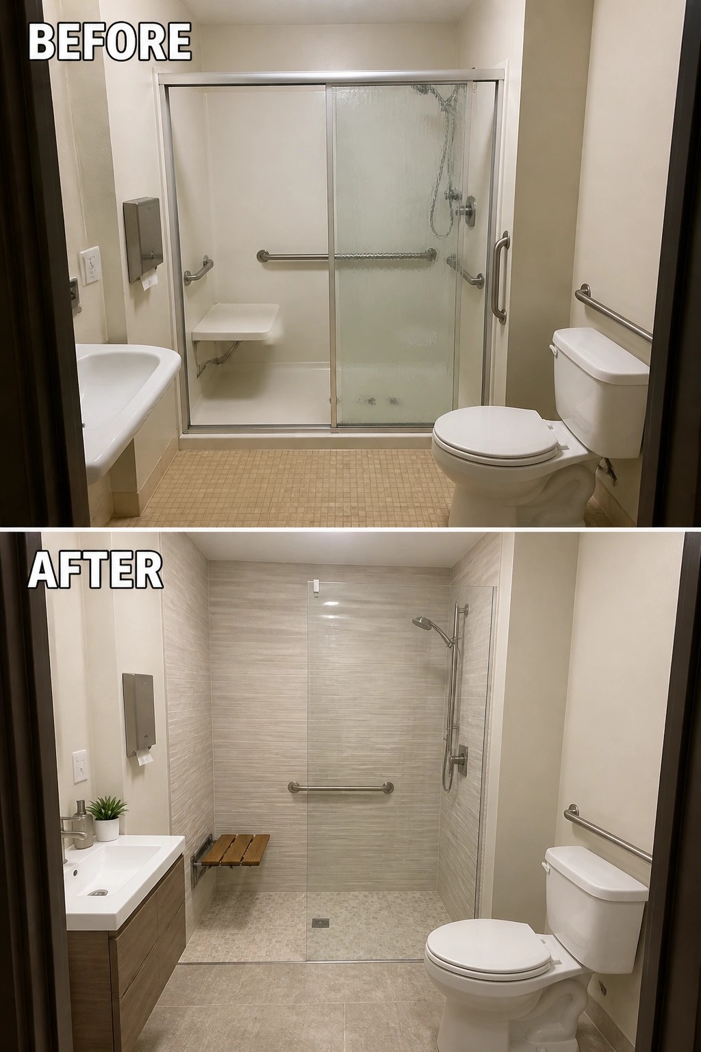 Before and after bathroom remodel showing updated shower, vanity, and tiles.