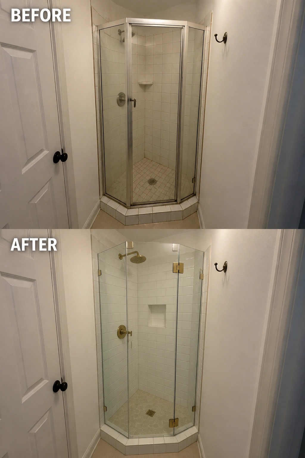 Before and after of corner shower remodel with new frameless glass doors and gold fixtures.