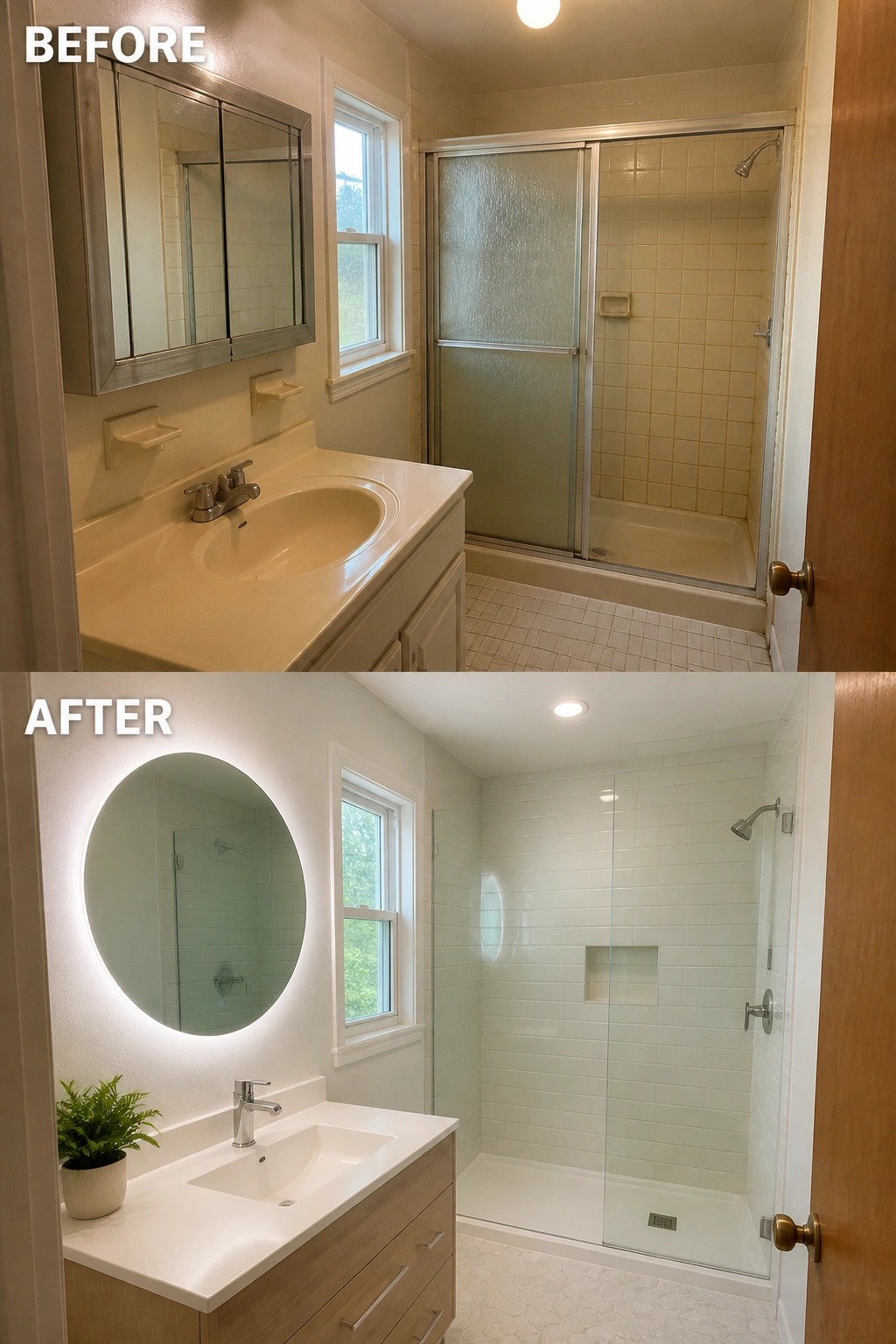 Before and after bathroom renovation with modern white vanity and glass shower.
