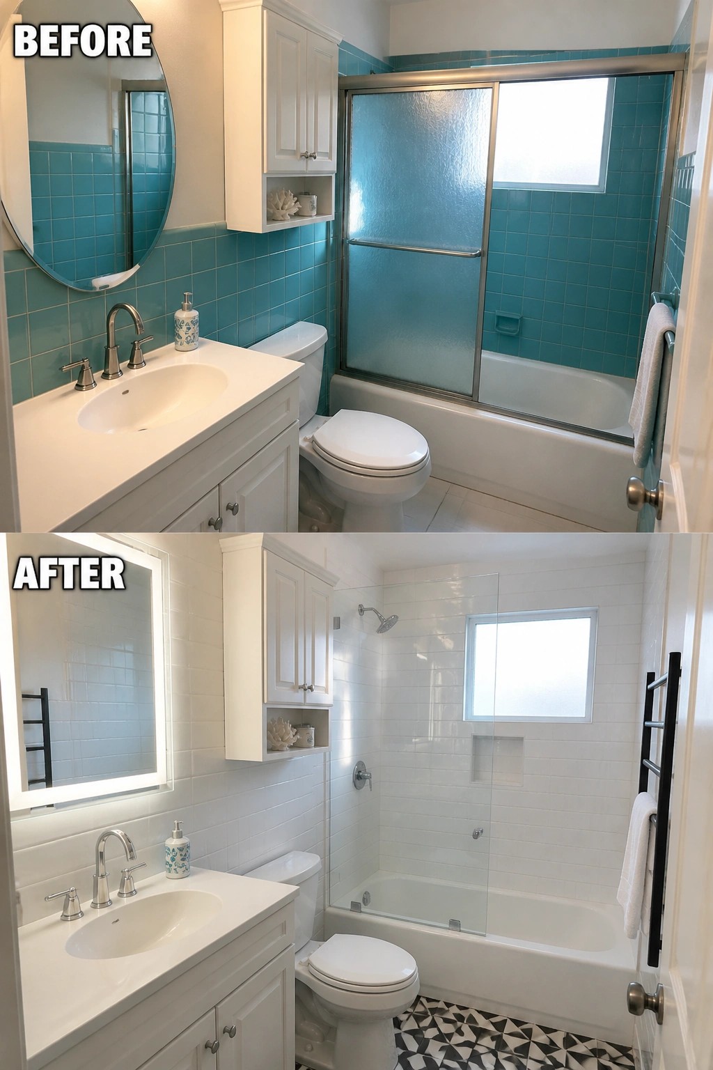 Before and after bathroom remodel showing teal tiles changed to white.