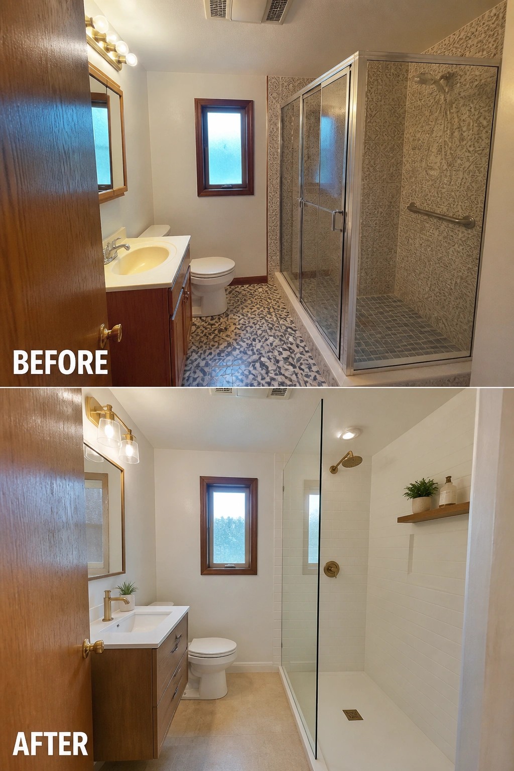 Before-and-after bathroom remodel with updated white shower, vanity, and flooring.
