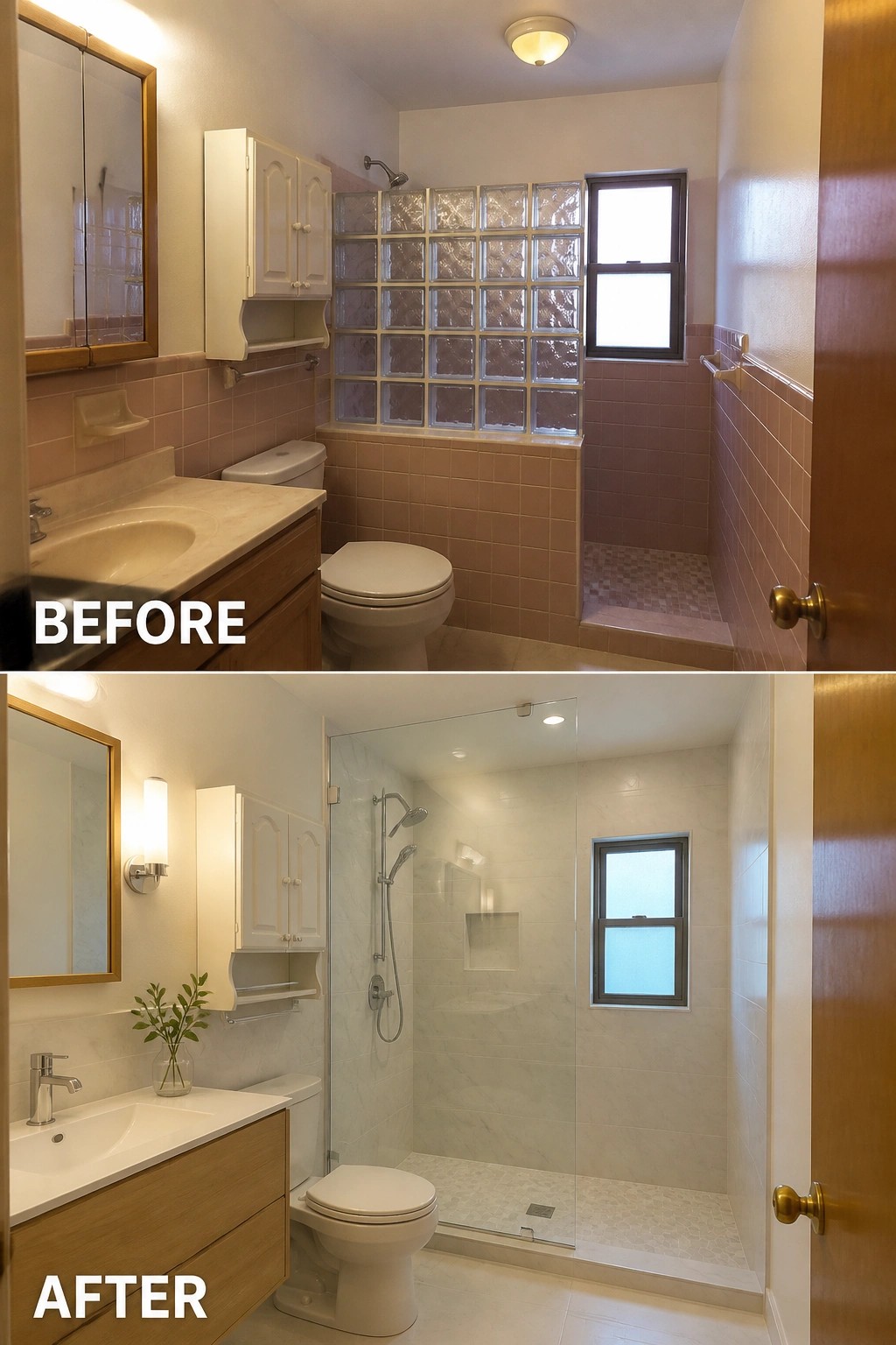 Before and after bathroom remodel featuring pink tiles and modern white marble.
