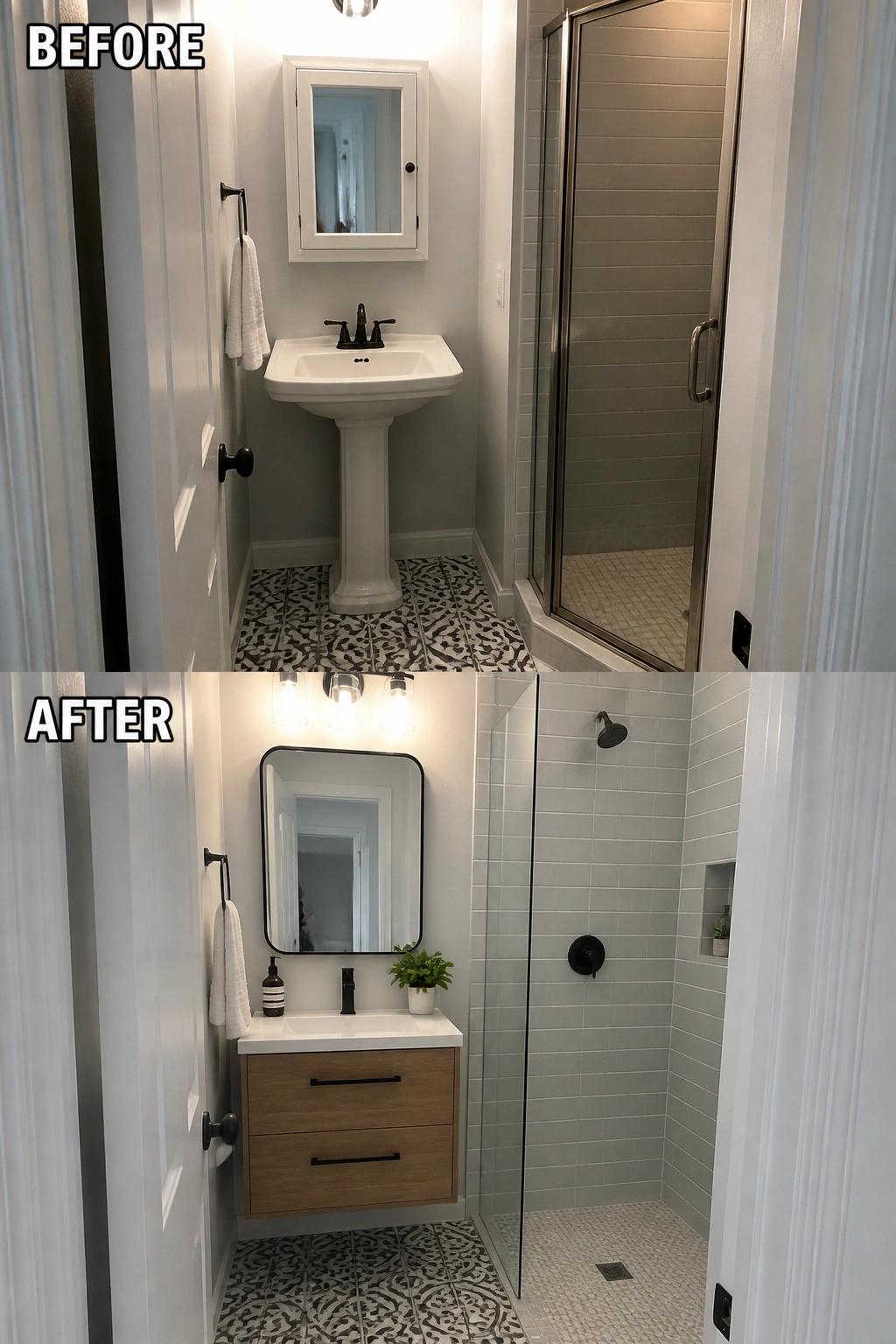Before-and-after image of a small bathroom showing a framed shower door replaced with a frameless glass panel and a pedestal sink swapped for a wood vanity with storage.