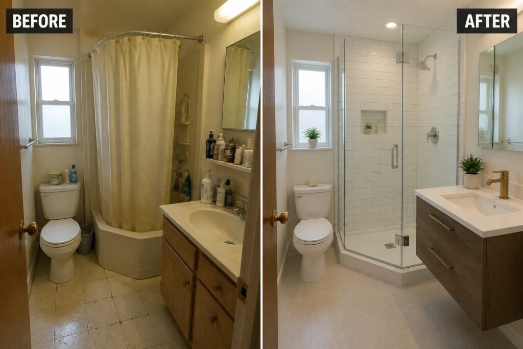 Before and after views of a renovated bathroom with new shower and vanity.