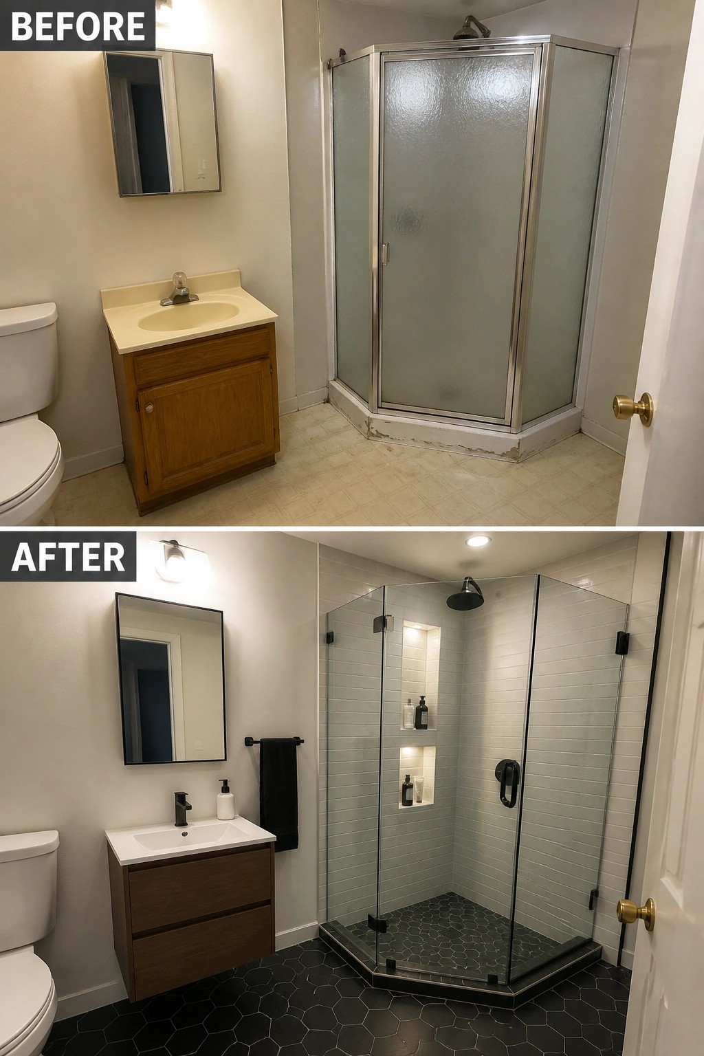 Before-and-after image of a small bathroom showing a corner shower updated with a frameless glass enclosure, new vanity, and fresh tile.
