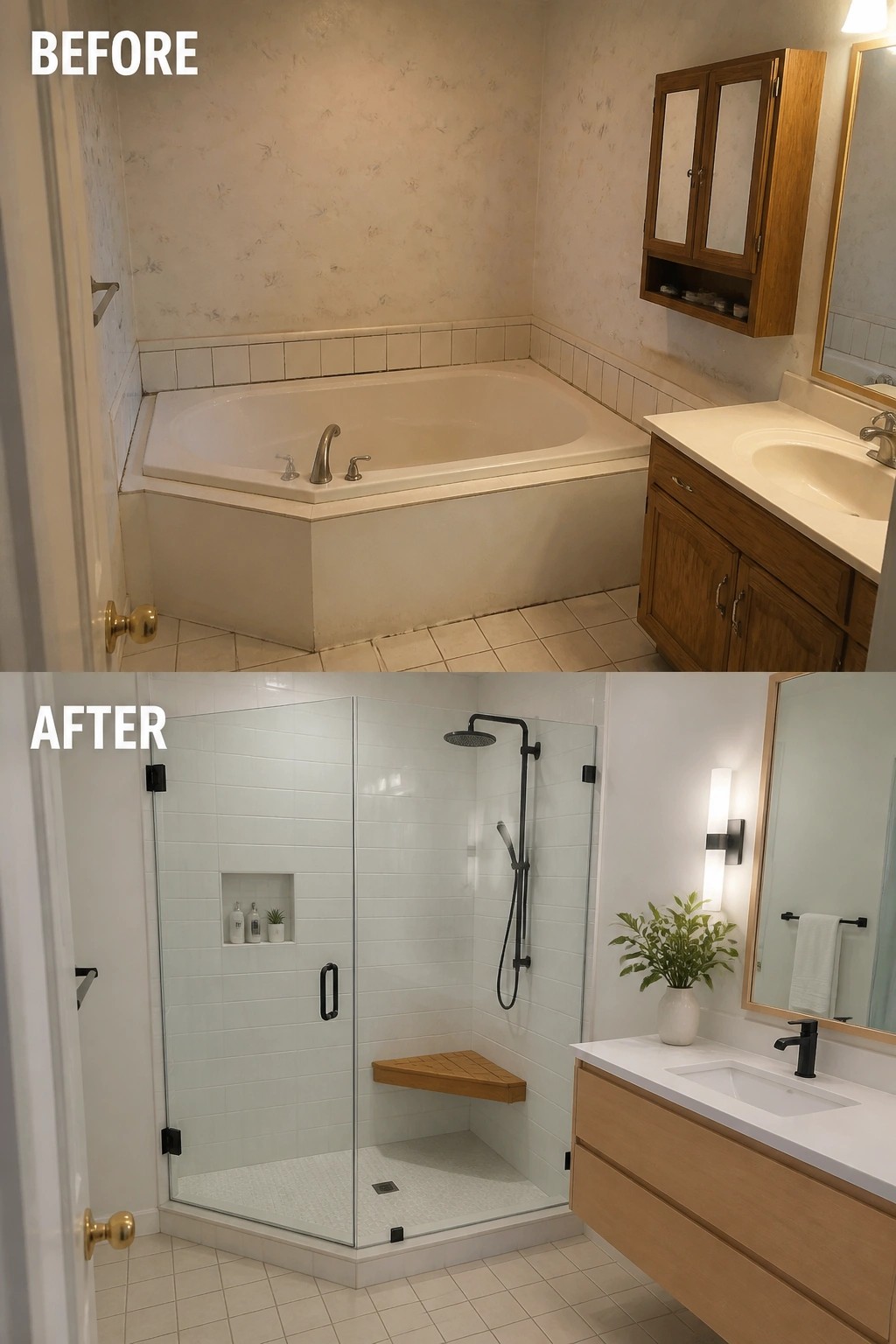 Before and after bathroom remodel: corner tub replaced by modern glass shower.