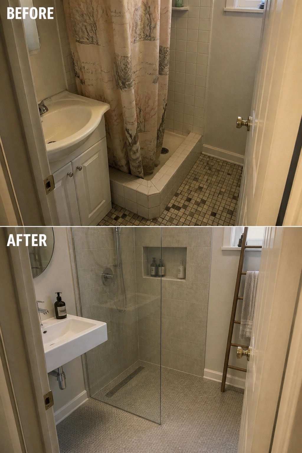 Before-and-after bathroom renovation with white sink, tiled shower, and glass door.