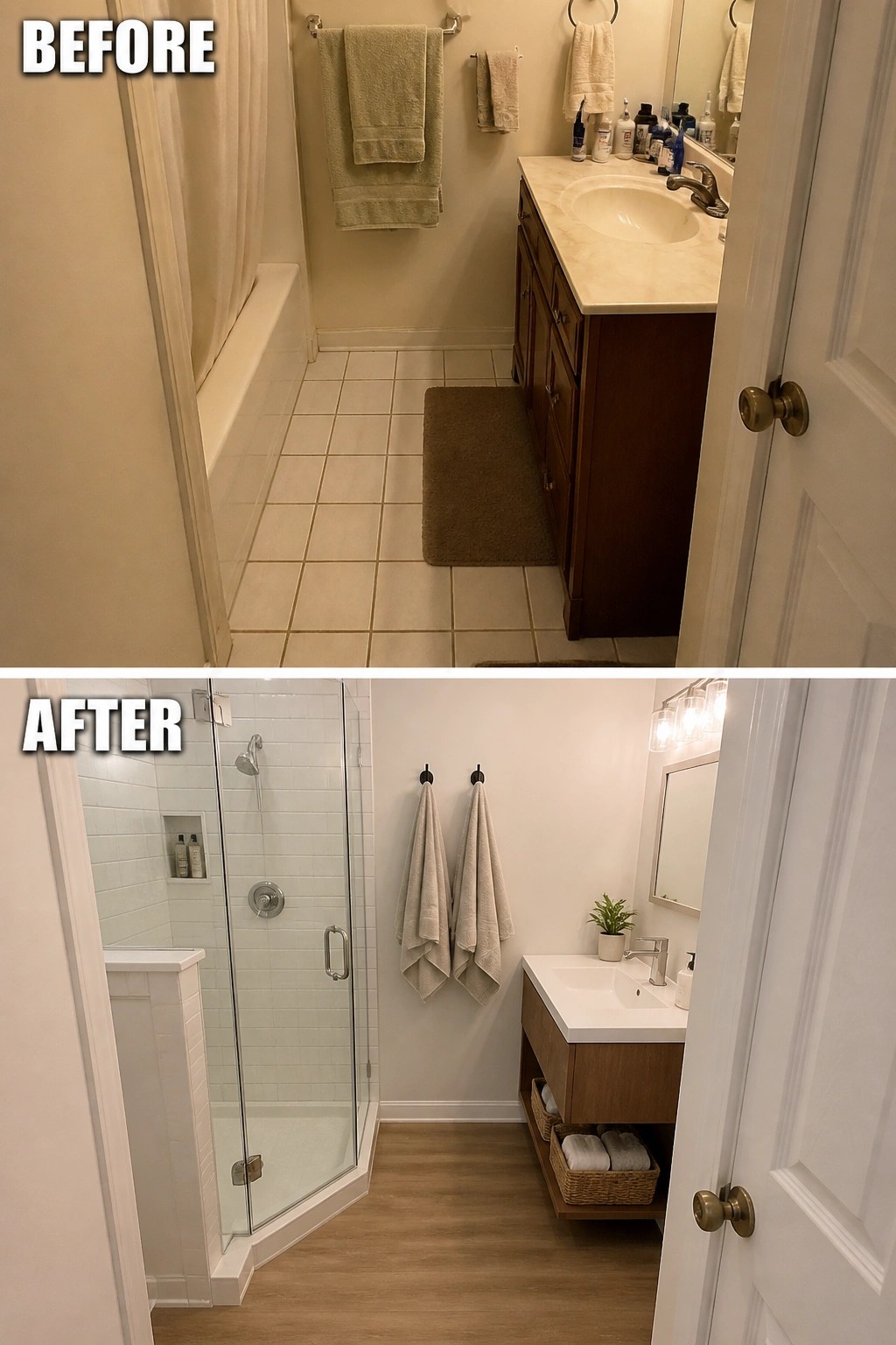 Before-and-after bathroom remodel from beige tiles and tub to modern glass shower and wood vanity