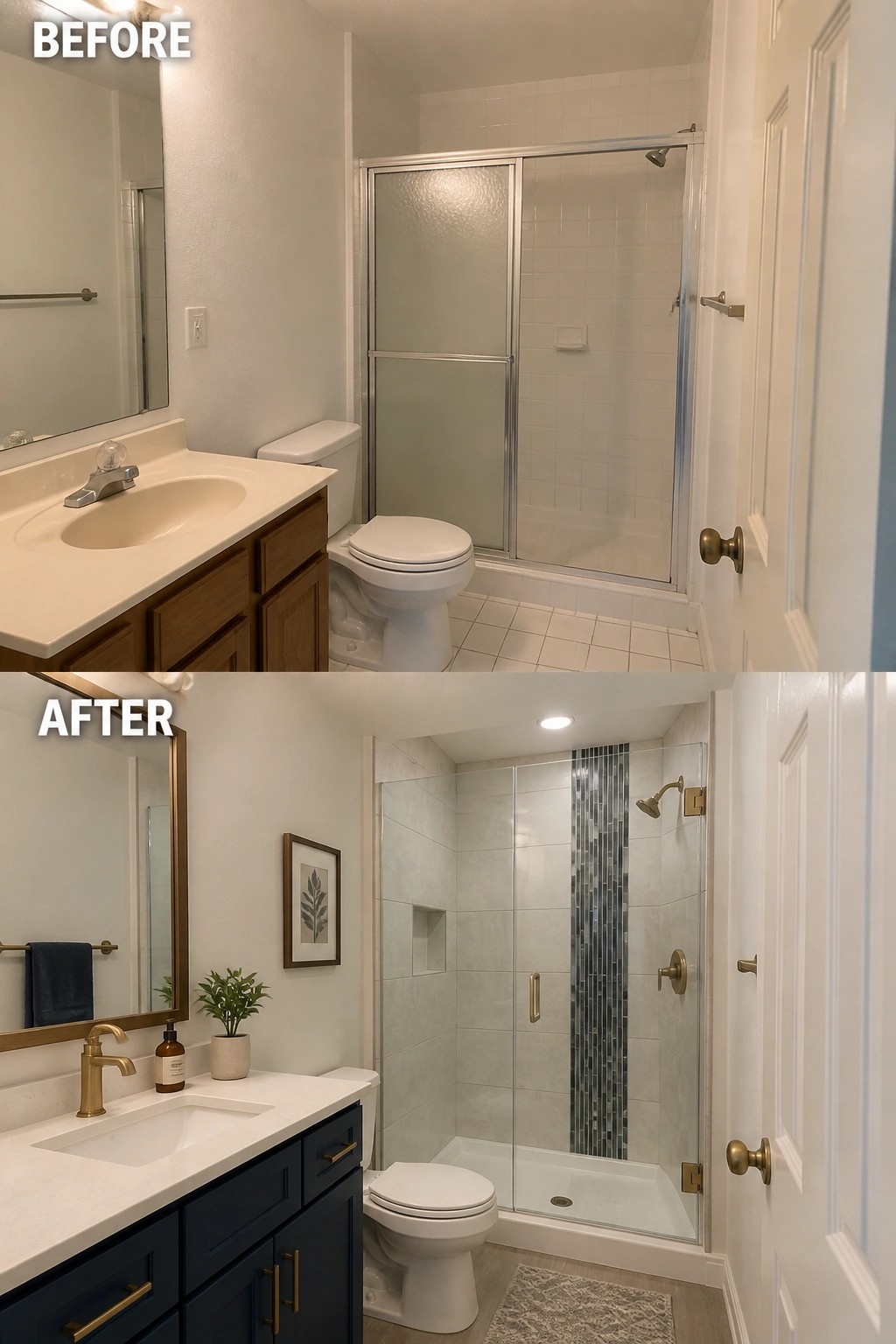 Before-and-after bathroom remodel with wood vanity above and navy blue below.