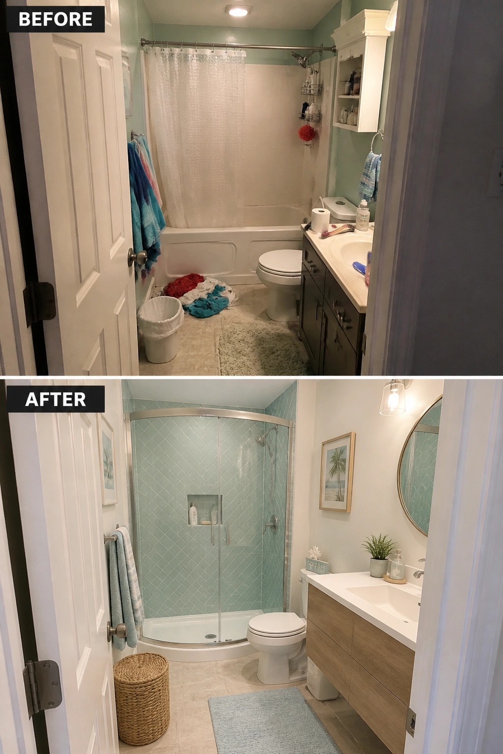 Before and after of renovated bathroom with glass shower, blue tiles and wood vanity.