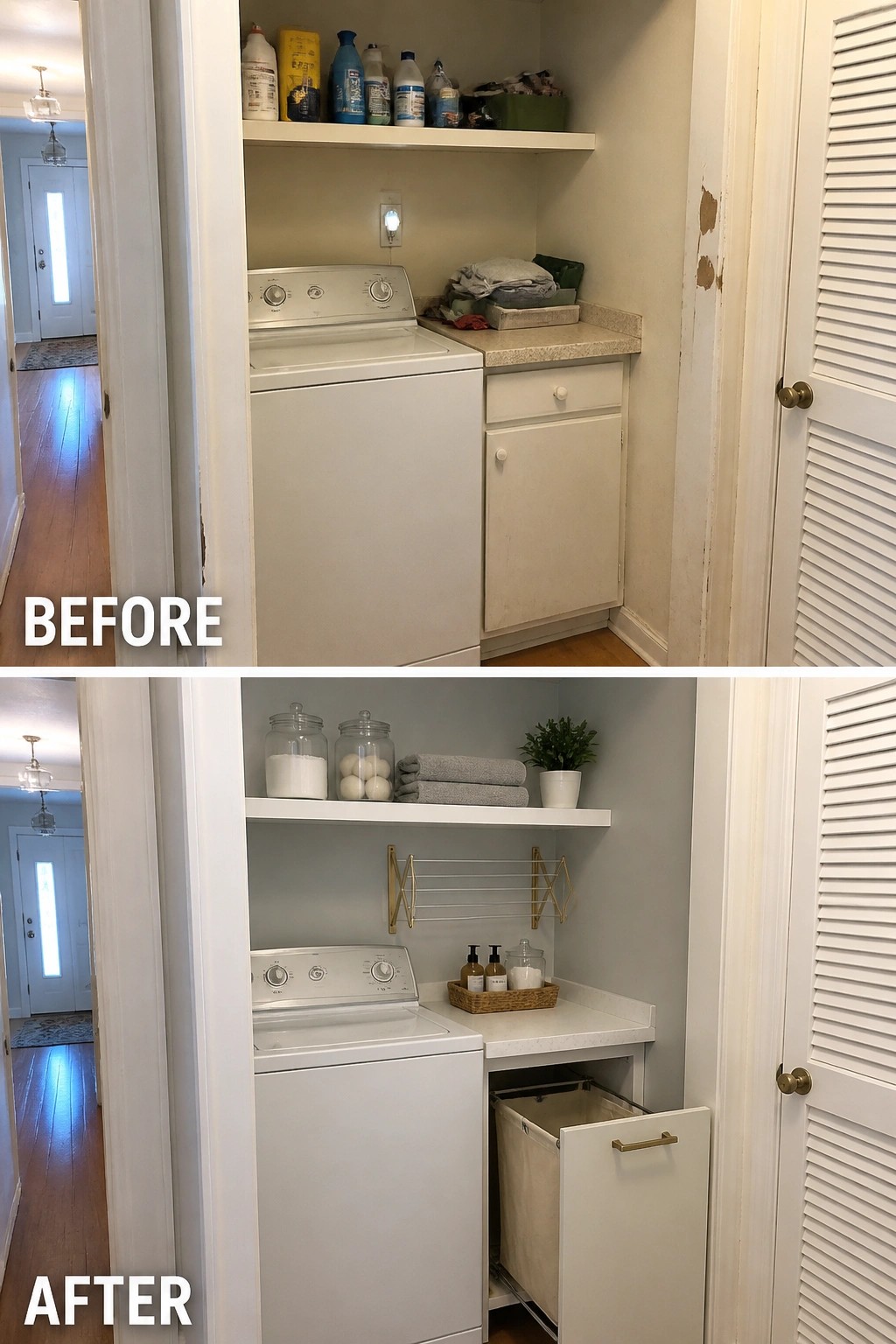 Before-and-after image of a small laundry room showing the addition of a pull-out hamper in the cabinet along with painted walls and reorganized shelving.
