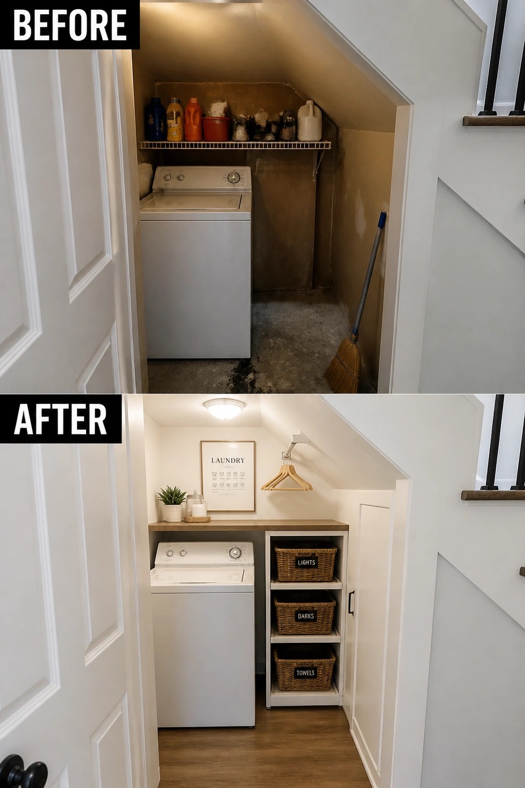 Before-and-after views of a cluttered under-stair laundry room transformed with organized baskets and decor.