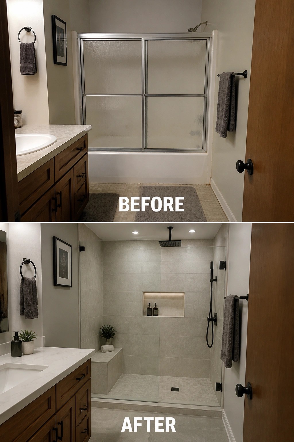Before and after bathroom remodel with tub replaced by walk-in shower