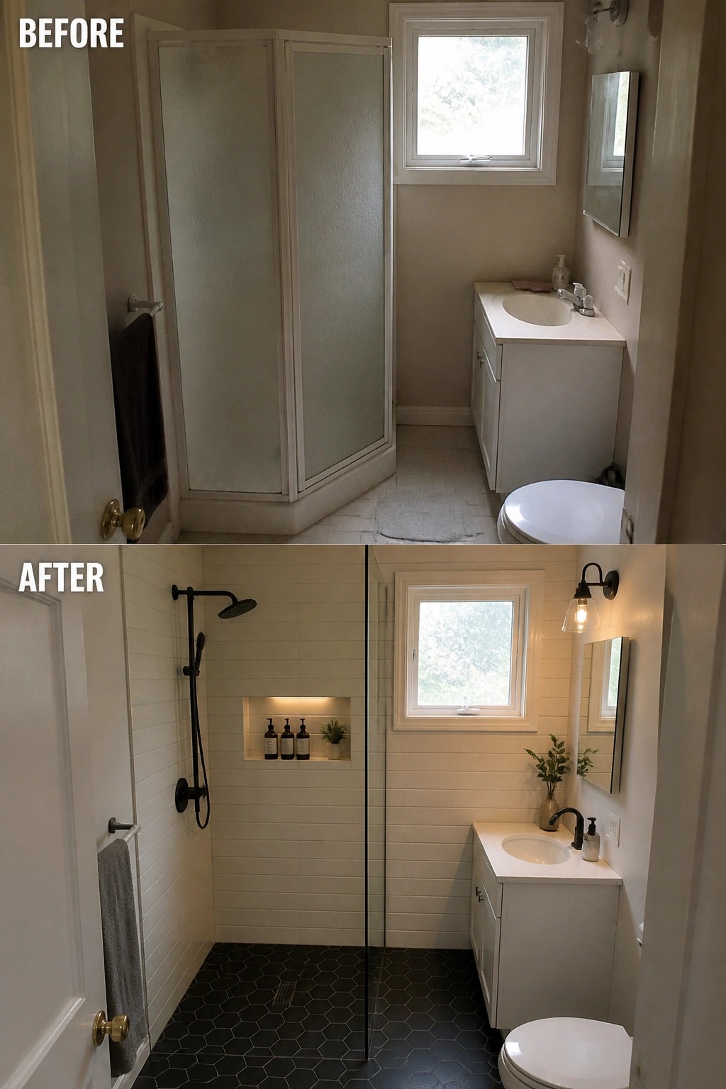 Before-and-after bathroom remodel with white tiles, black hex floor, and modern shower.