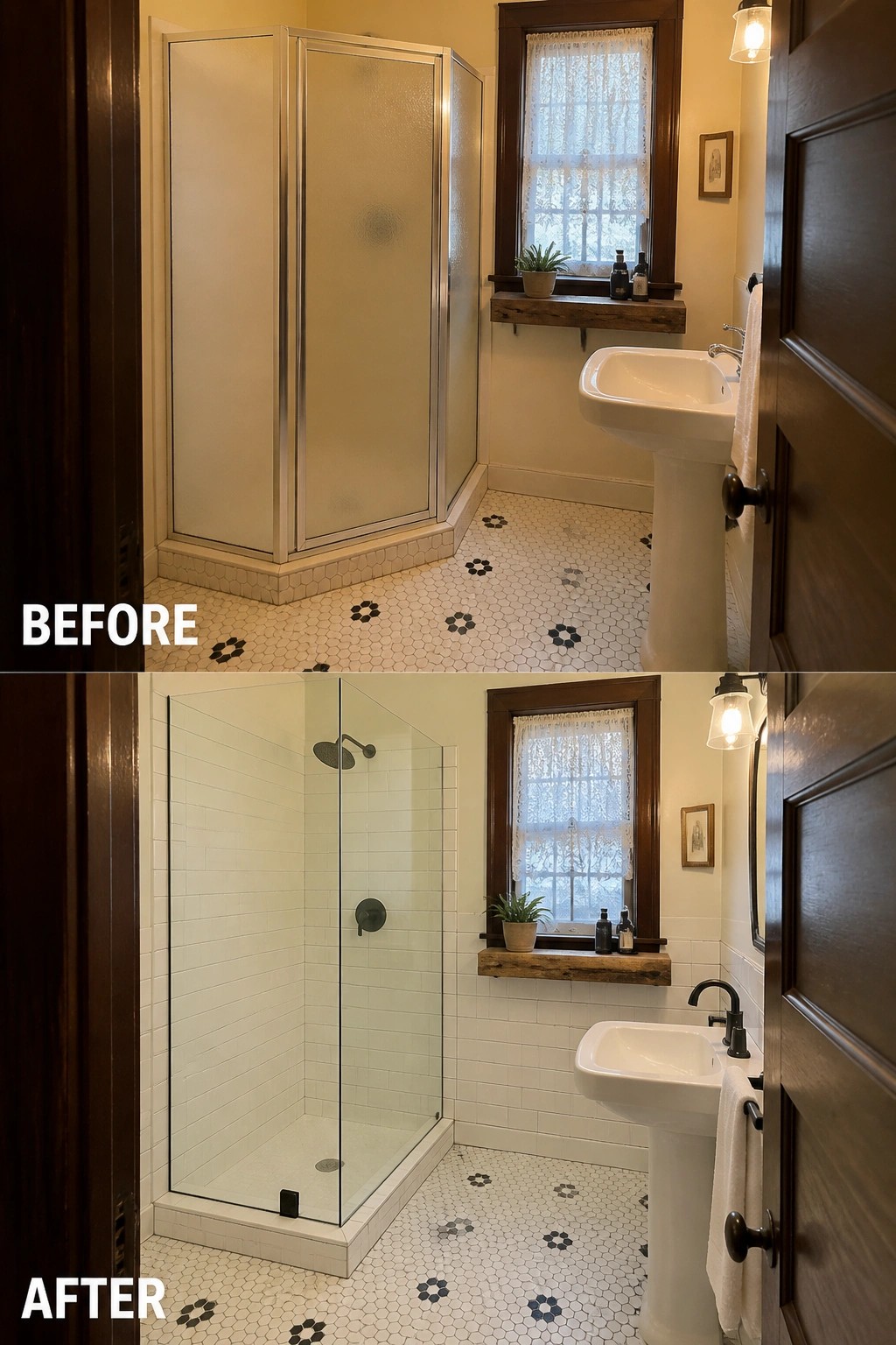 Before and after bathroom remodel with new clear shower, white tiles, and black fixtures.