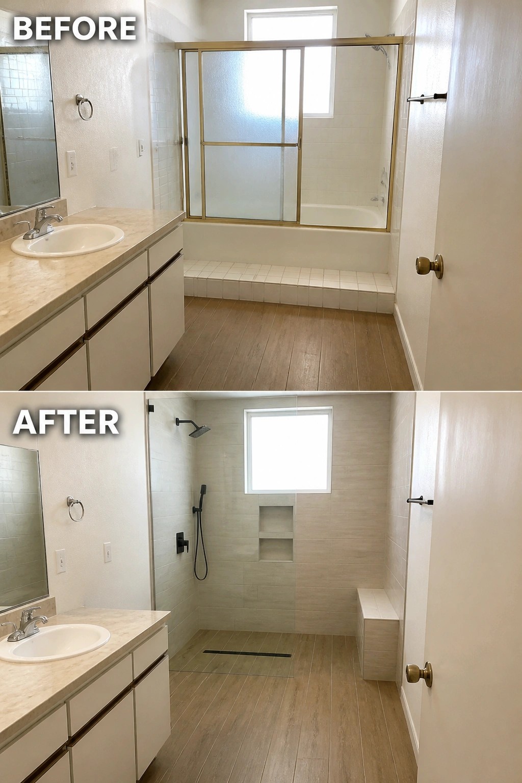 Before and after bathroom remodel converting tub into modern tiled walk-in shower.