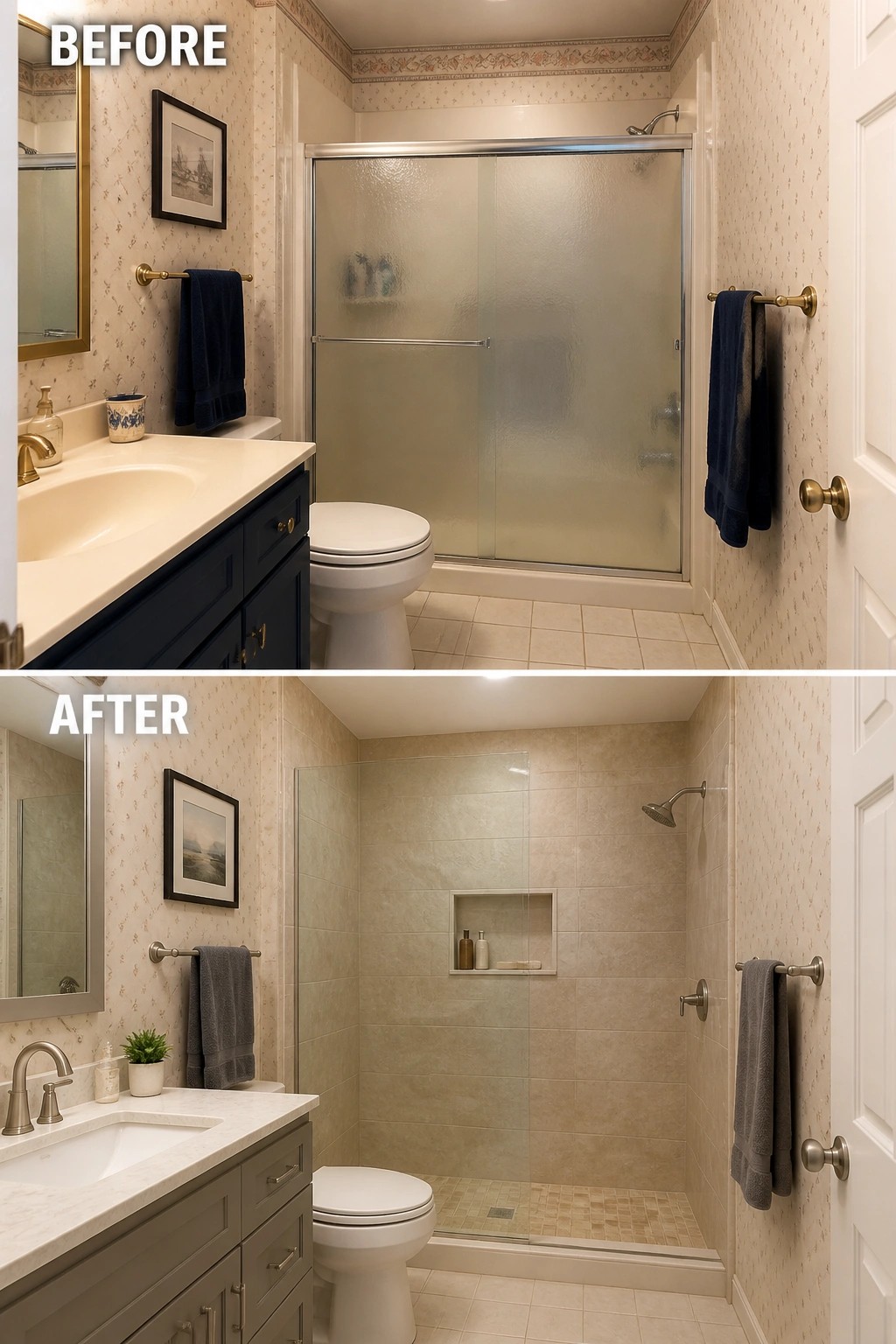 Before and after bathroom remodel with new vanity, tiles, and shower.