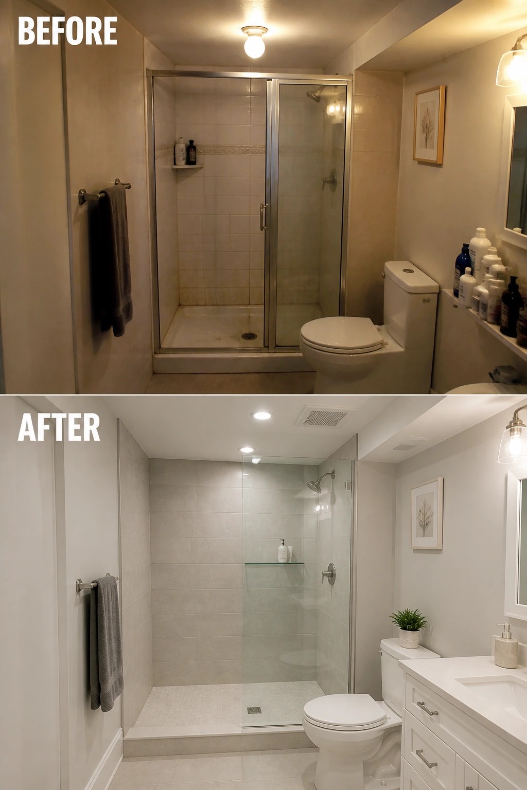 Before and after bathroom remodel with updated gray-tiled shower and white vanity