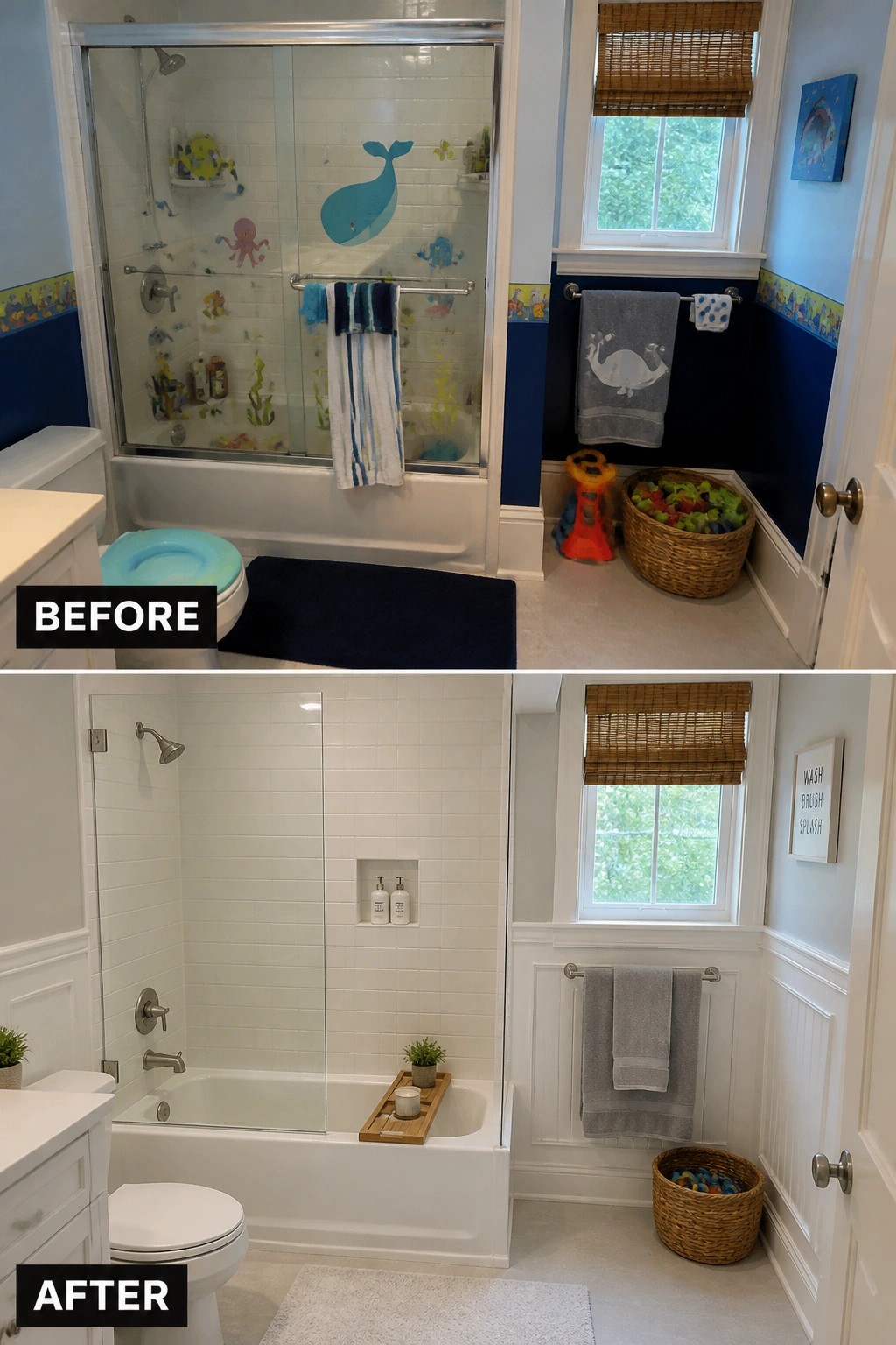 Before-and-after image of a bathroom showing a colorful framed shower enclosure replaced with a frameless glass shower panel and simplified white finishes.