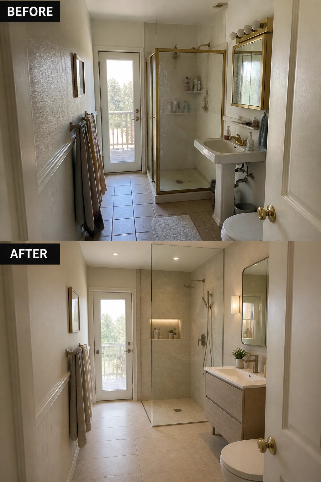 Before-and-after image of a bathroom showing a framed shower enclosure replaced with a frameless glass shower panel and updated tile and vanity.