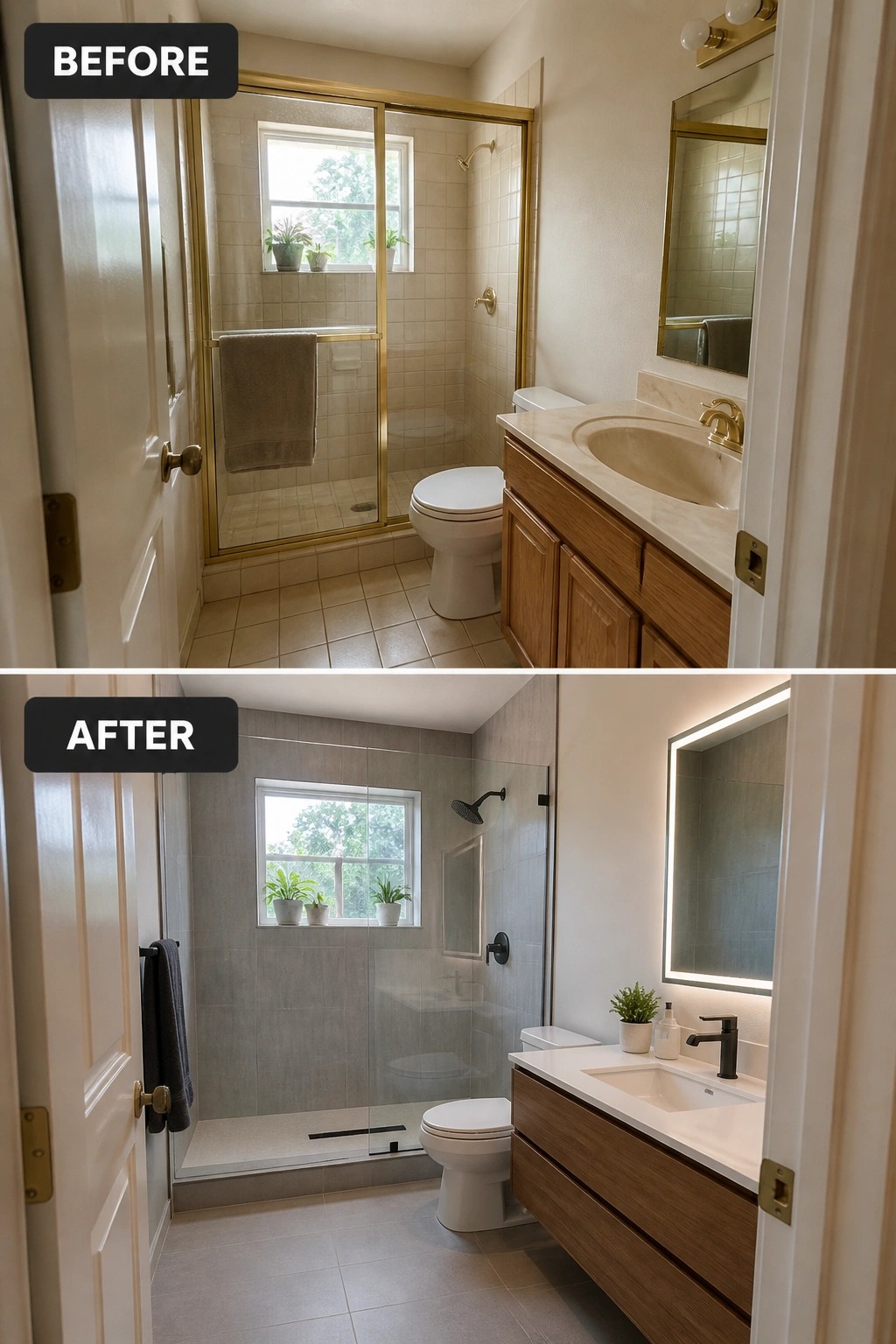 Before-and-after image of a bathroom where a gold-framed shower door was replaced with a frameless glass shower panel and the vanity and finishes were updated.