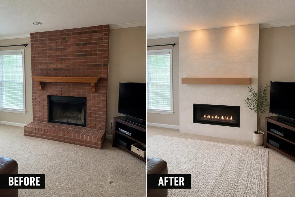 20 Elegant Fireplace Before and After Ideas Using Light Stone Slabs Before and after of brick fireplace replaced with modern tiled electric fireplace and floating mantel.